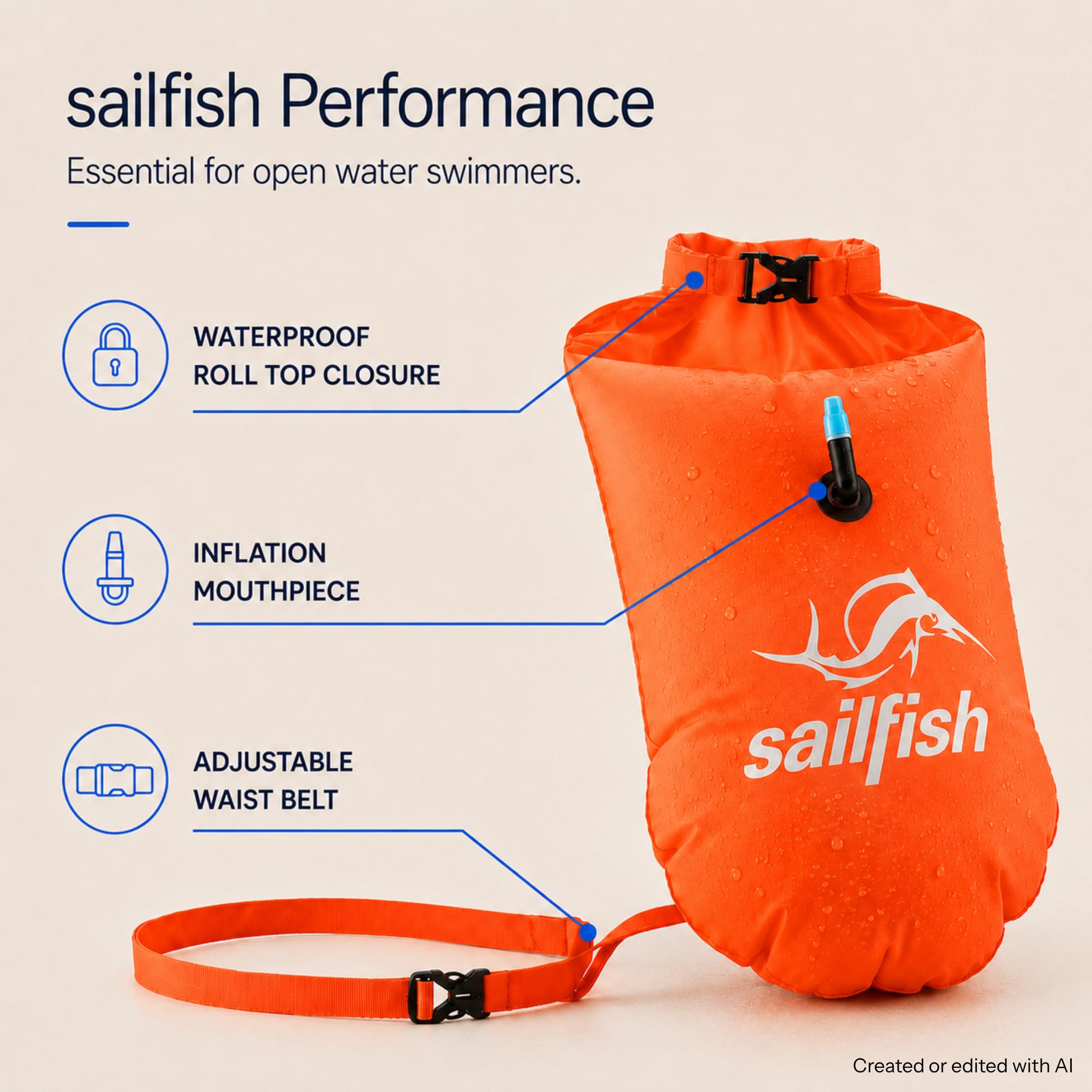 Sailfish® Open Water Safety Buoy nadmuchiwana boja do pływania z paskiem w talii i wodoodporną kieszenią na wartościowe przedmioty | Safety Buoy Open Water & Triathlon | Wysoka widoczność i