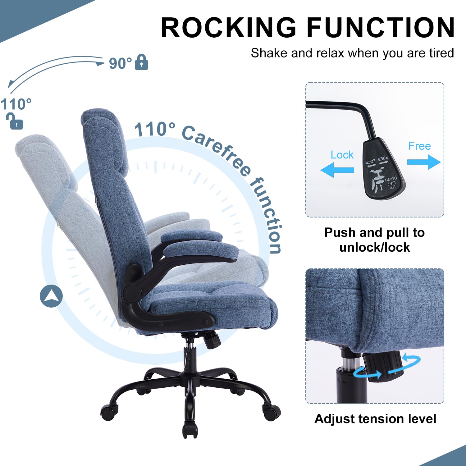 LIYURUI Chaise De Bureau Ergonomique Accoudoirs Rabattables - Appui-tête Réglable Tissu Respirant