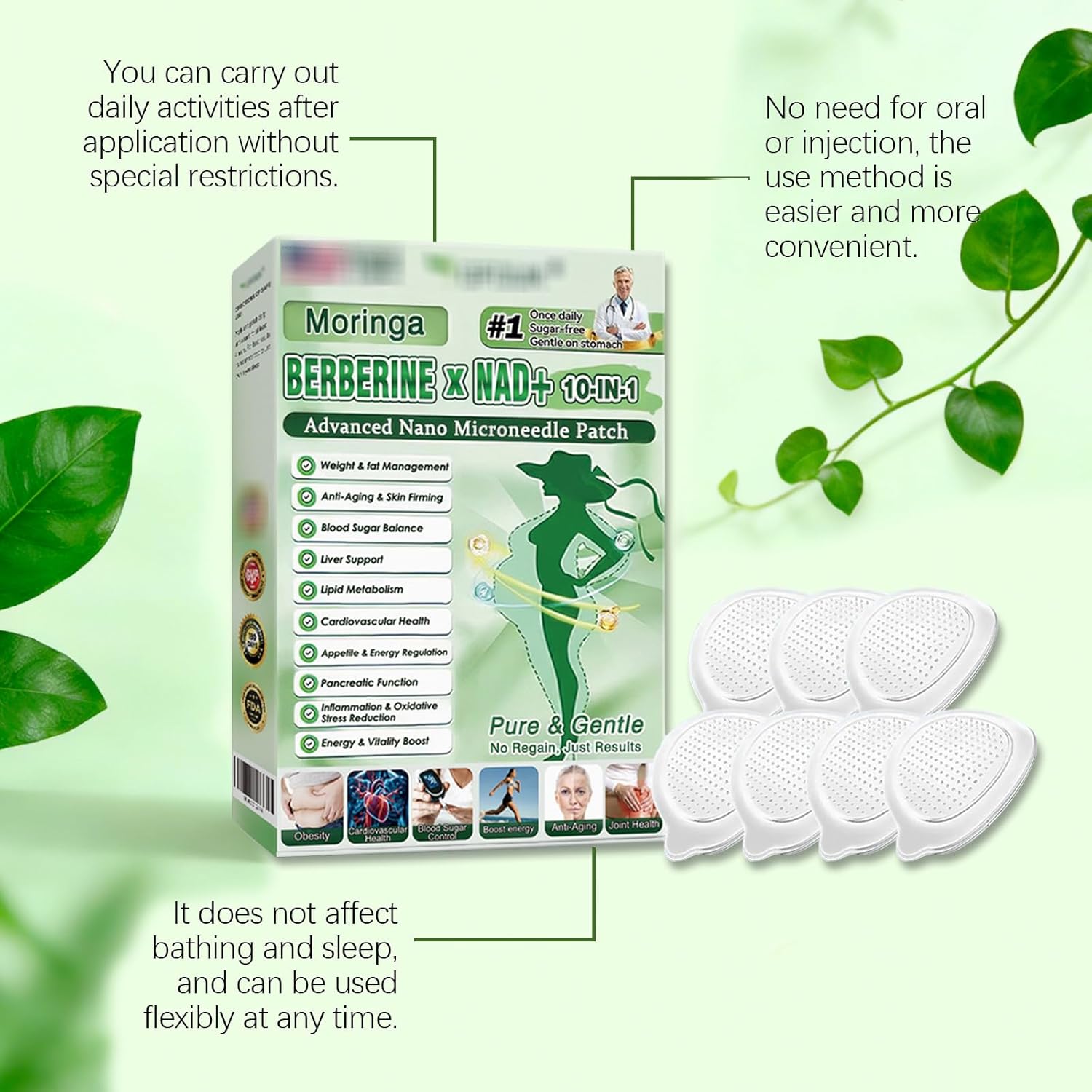 4 Boxes Moringa Berberine Patches,2026 New Upgraded 10-in-1 Microdarts Nano Patch,Suitable for All Skin Types moringa patches,Natural Herbal Body Patch (4boxes)