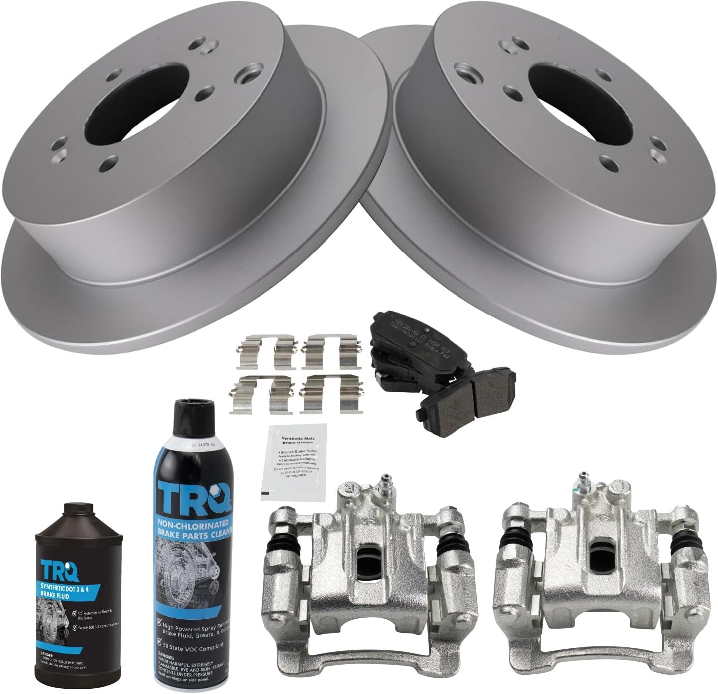 TRQ Rear Brake Pad, Caliper, & Rotor Kit, with Chemical Kit Semi-Metallic Premium G-Coated Compatible with 2010-2015 Hyundai Tucson 2011-2016 Kia Sportage