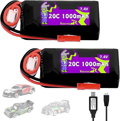 Batería de 7.4V 1000mAh 20C para WLToys Mini RC Car K989 K969 K979 K999 P939 P929 128 MINI-Q 284131 Toy Speed Racing Truck con enchufe JST y cable