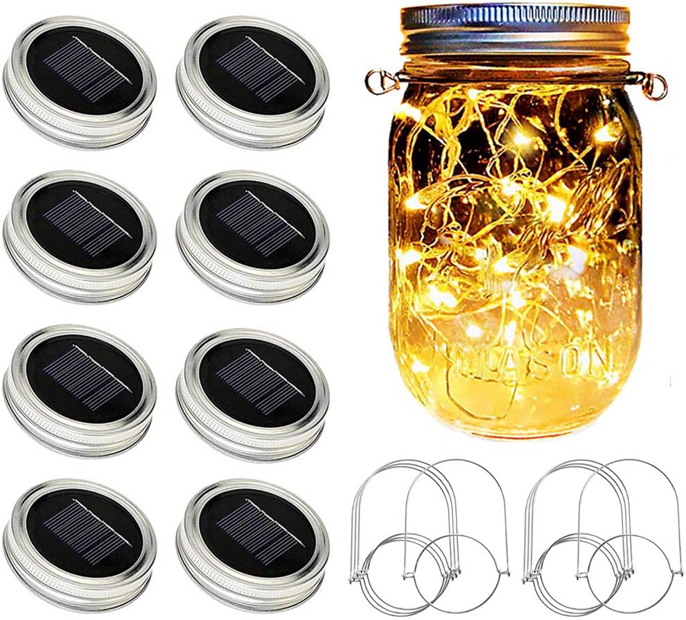 SunKite Solar Mason Jar Lights [Updated], 8 Pack 20 LED Waterproof Fairy Firefly Jar Lids String Lights with Hangers(NO Jars), Patio Yard Garden Wedding Decoration - Warm White