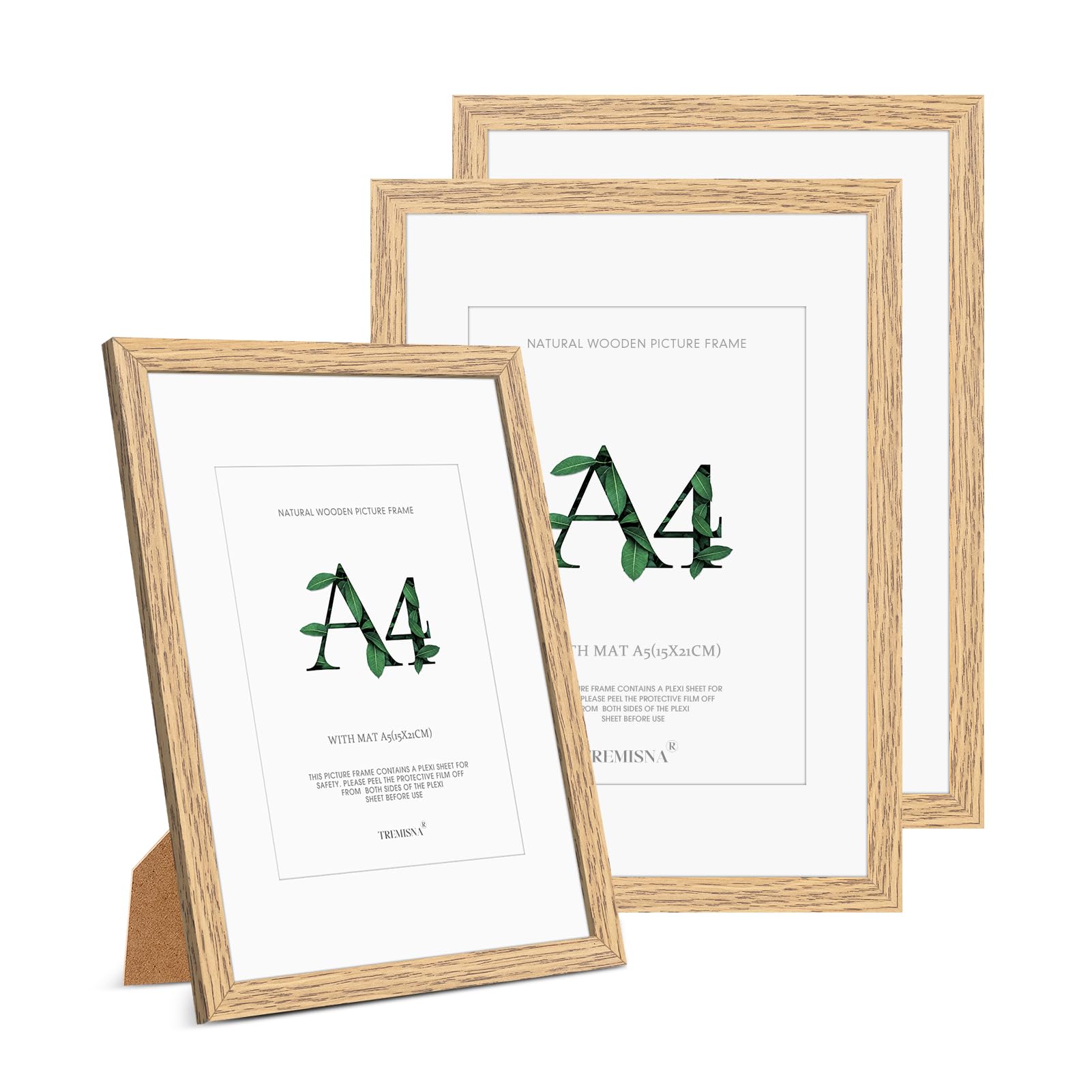 Tremisna® 3x A4(21x29.7cm) Natural Wood Picture Frame –Removable Mat for A5 (14.8x21cm) or A4 Without Mat, HD Perspex, Stand & Wall Hanging