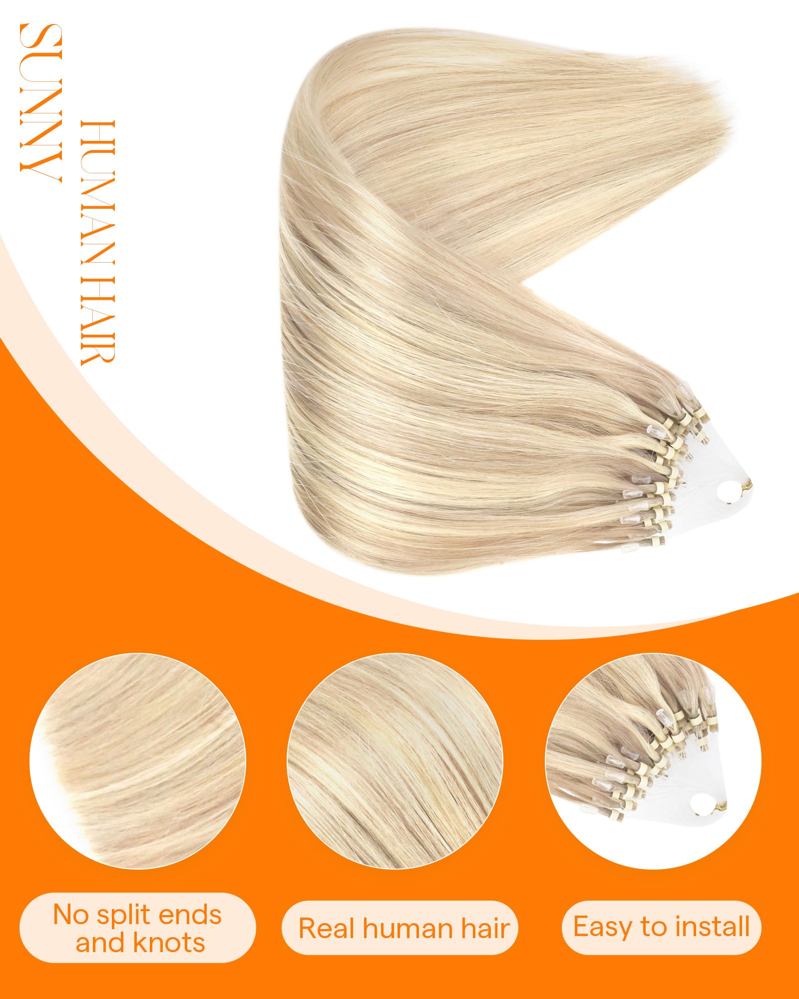Micro Loop Hair Extensions Real Human Hair Ash Blonde with Bleach 22″ 100 Grams,100 Strands,micro Loop Rings Beads Tipped  main image 3