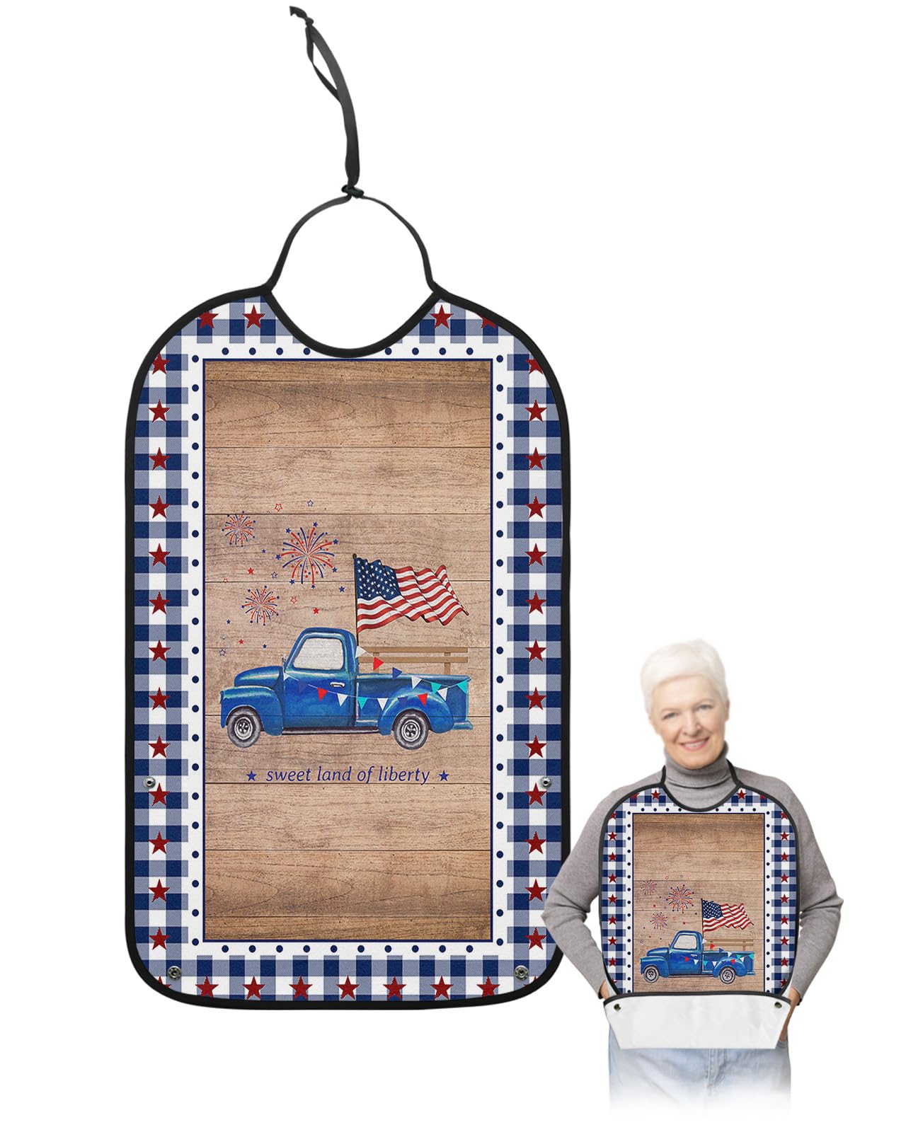 4th of July Adult Bibs for Eating, Waterproof Bibs with Food Catcher & Adjustable Snap Closure, Independence Day Blue Plaid Truck Vintage Wood Clothing Protectors Adult Bibs for Elderly Women/Men