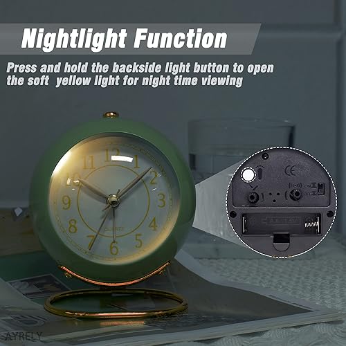 Miniatura 3 de AYRELY Reloj despertador de escritorio a pilas con luz, silencioso sin ticks, pequeño reloj de mesa para mesita de noche, dormitorio, sala de estar,