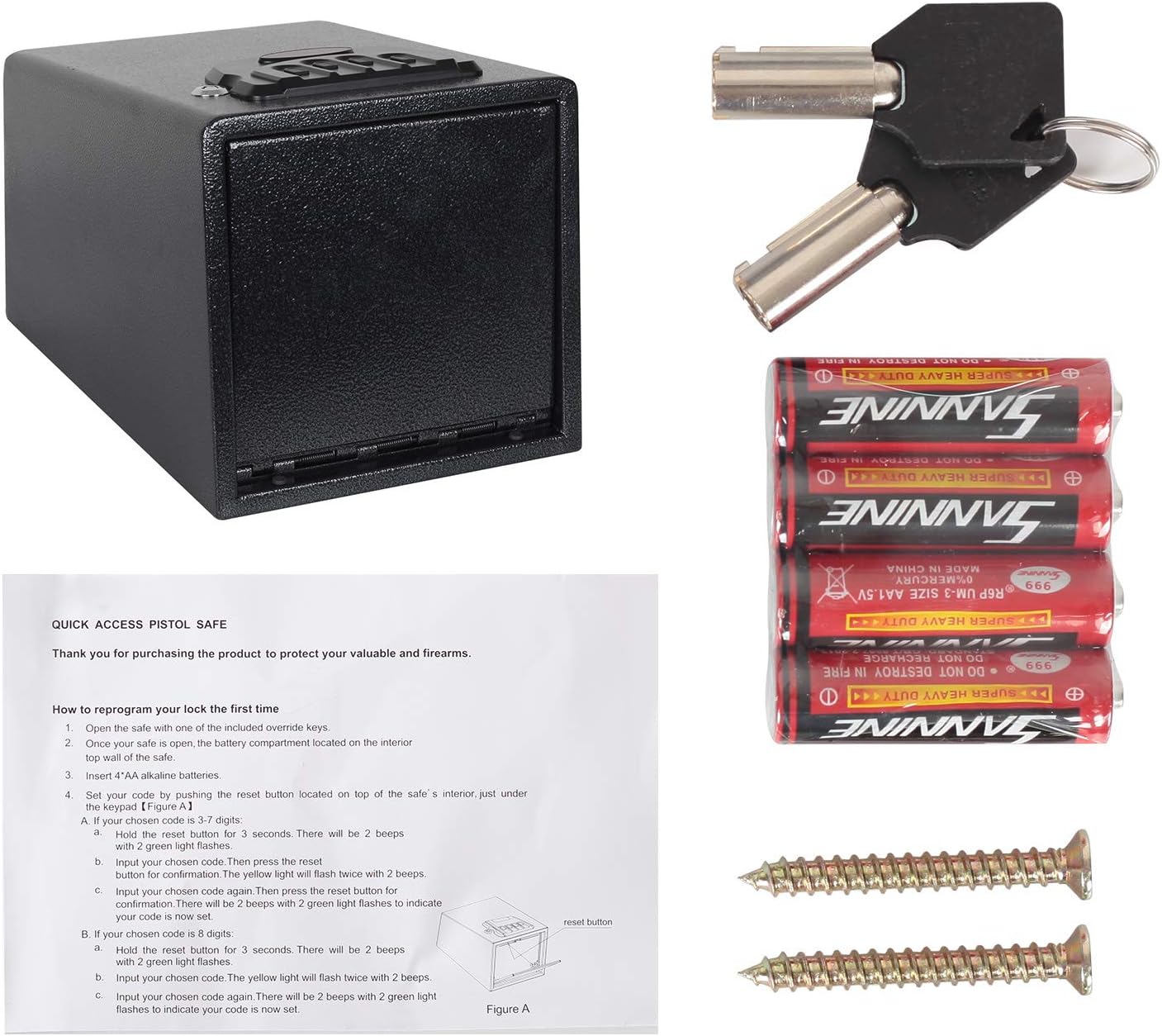 RELIANCER Electronic Gun Safe with Four-keypad&2 Emergency Keys&Rechargeable Battery Smart Quick Access Pistol Safe Storage Security Cabinet Q235 Carbon Steel Handgun Lock Security Box w/Pop-Open Door