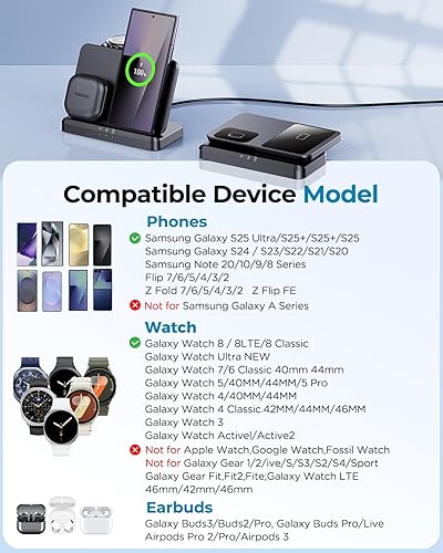 Miniatura 2 de EGV Cargador inalámbrico para Samsung - Estación de carga inalámbrica 3 en 1 para Galaxy S25 Ultra S24 S23, Z Fold Flip 7/6, cargador de reloj Negro