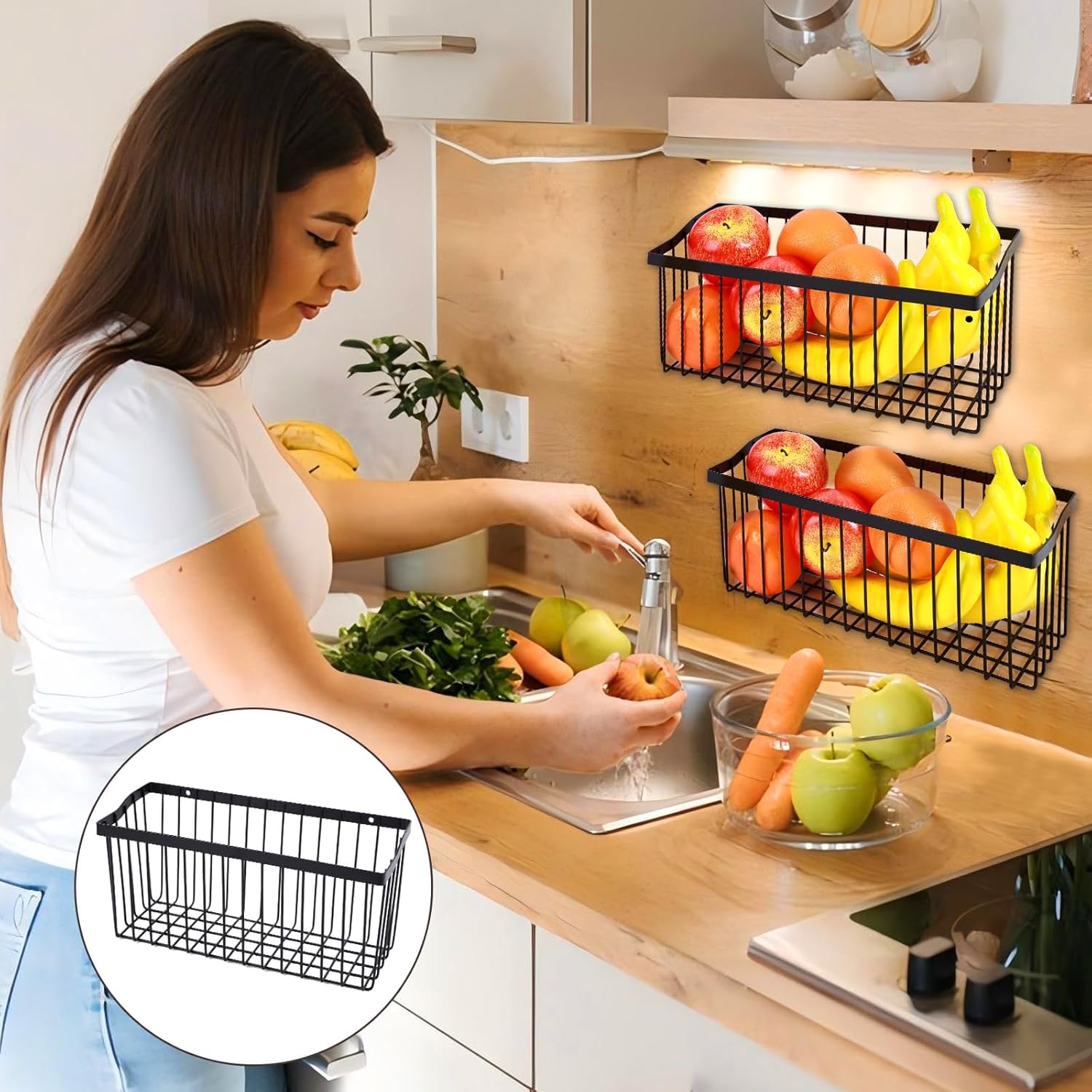 2 Pcs Fruit Basket Wire Baskets, Fruit and Veggie Storage Basket Holder for Kitchen Wall Mounted,Kitchen Organizers and Storage for Snack Onion Potato(Black)