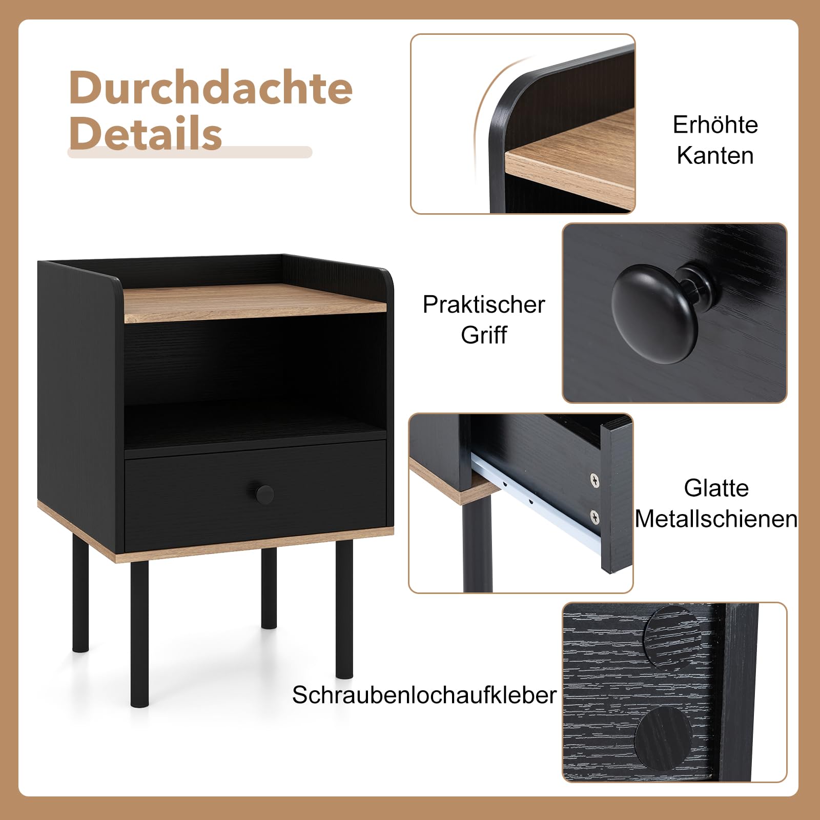 COSTWAY Nachttisch 2er Set, Beistelltisch mit Schublade, offenem Ablagefach und Metallbeinen, Nachtschrank, Nachtkonsole, Nachtkommode für Schlafzimmer, Wohnzimmer, 40,5 x 35 x 56 cm, Schwarz
