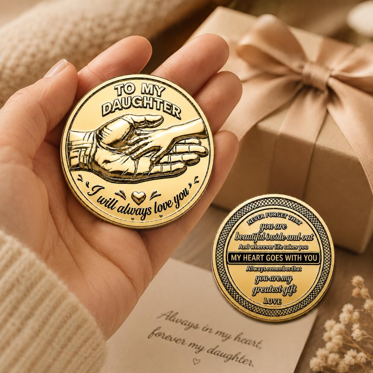 To My Daughter Pocket Hug Token Keychain for Women, 3D Embossed Engraved Inspirational Accessories Gifts image 2