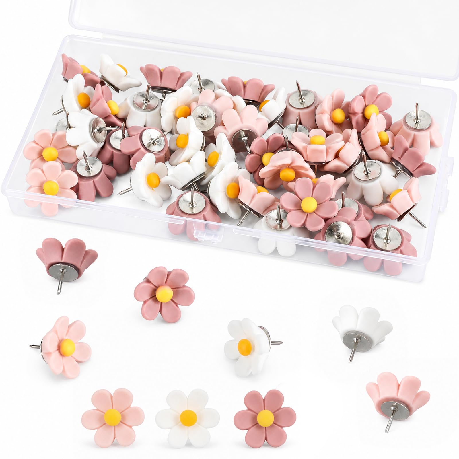 Flower Push Pins 50 Pcs, with Storage Box, 2 x 1.8 cm, for Cork Board