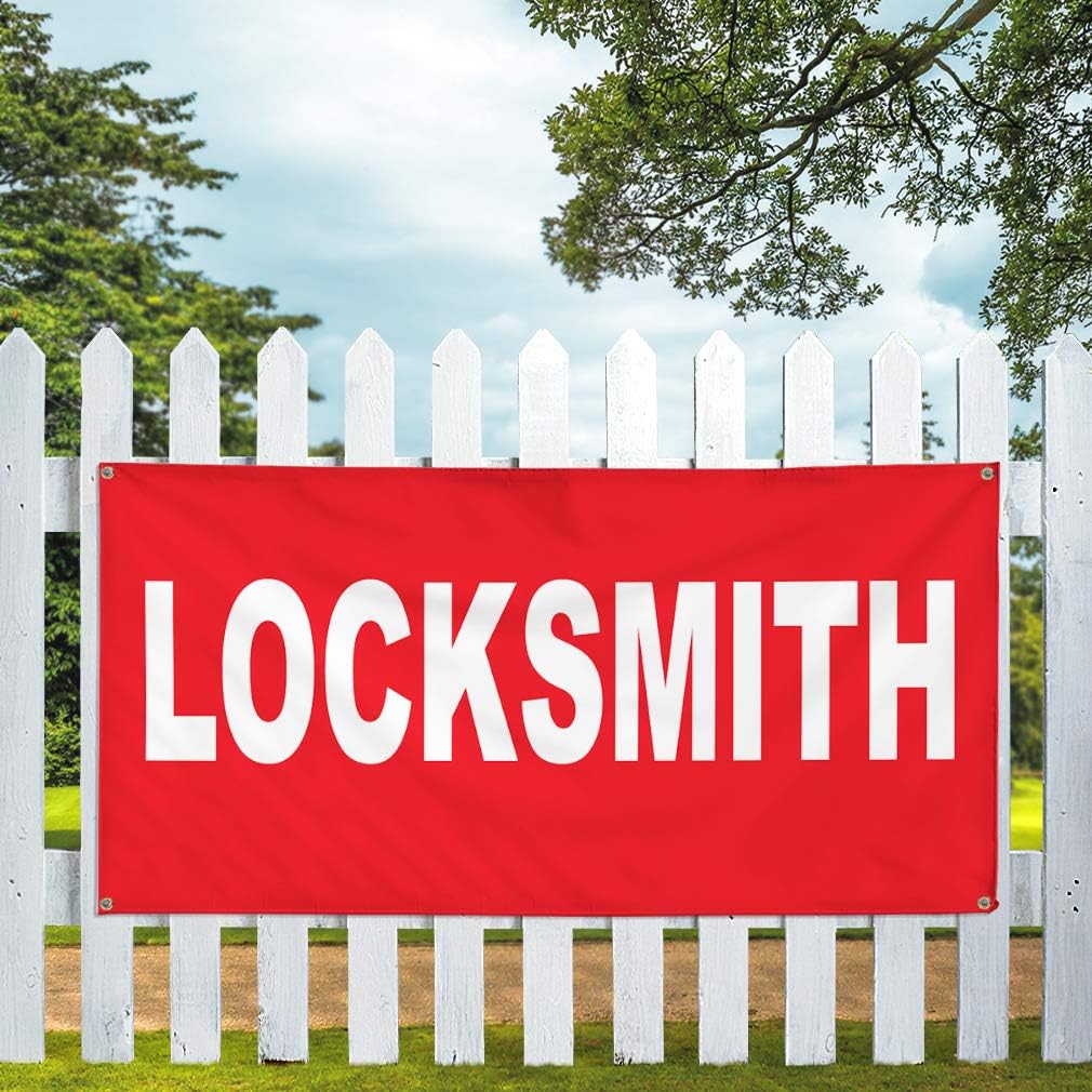Vinyl Banner Multiple Sizes Locksmith Red Background Business Outdoor Weatherproof Industrial Yard Signs 4 Grommets 16x40Inches