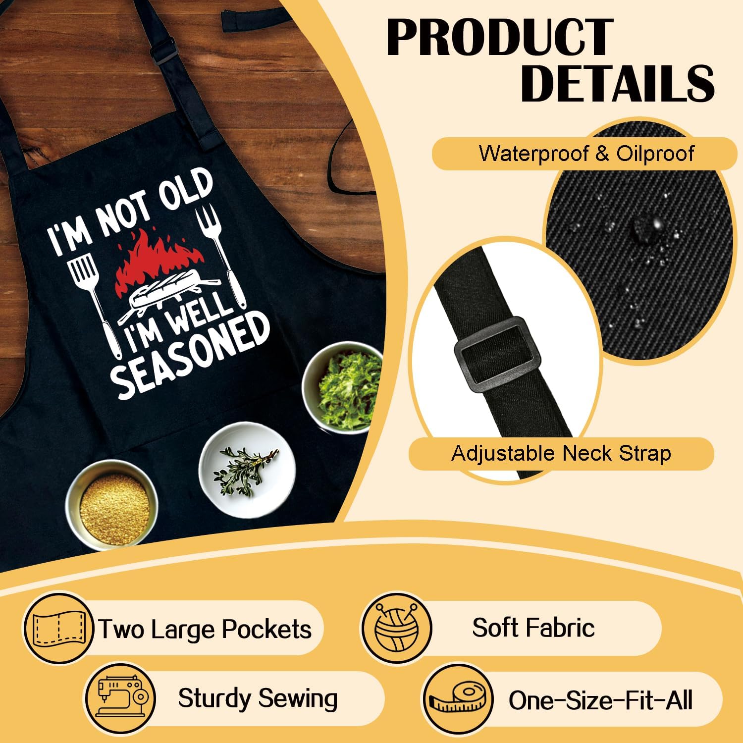 Funny Cooking Aprons Gifts - I'm Not Old I'm Well Seasoned - Men's BBQ Grilling Black Aprons with 2 Pockets, Adjustable Neck Strap - Humor Chef Gifts for Men, Dad, Husband, Cooking Lovers - Image 3