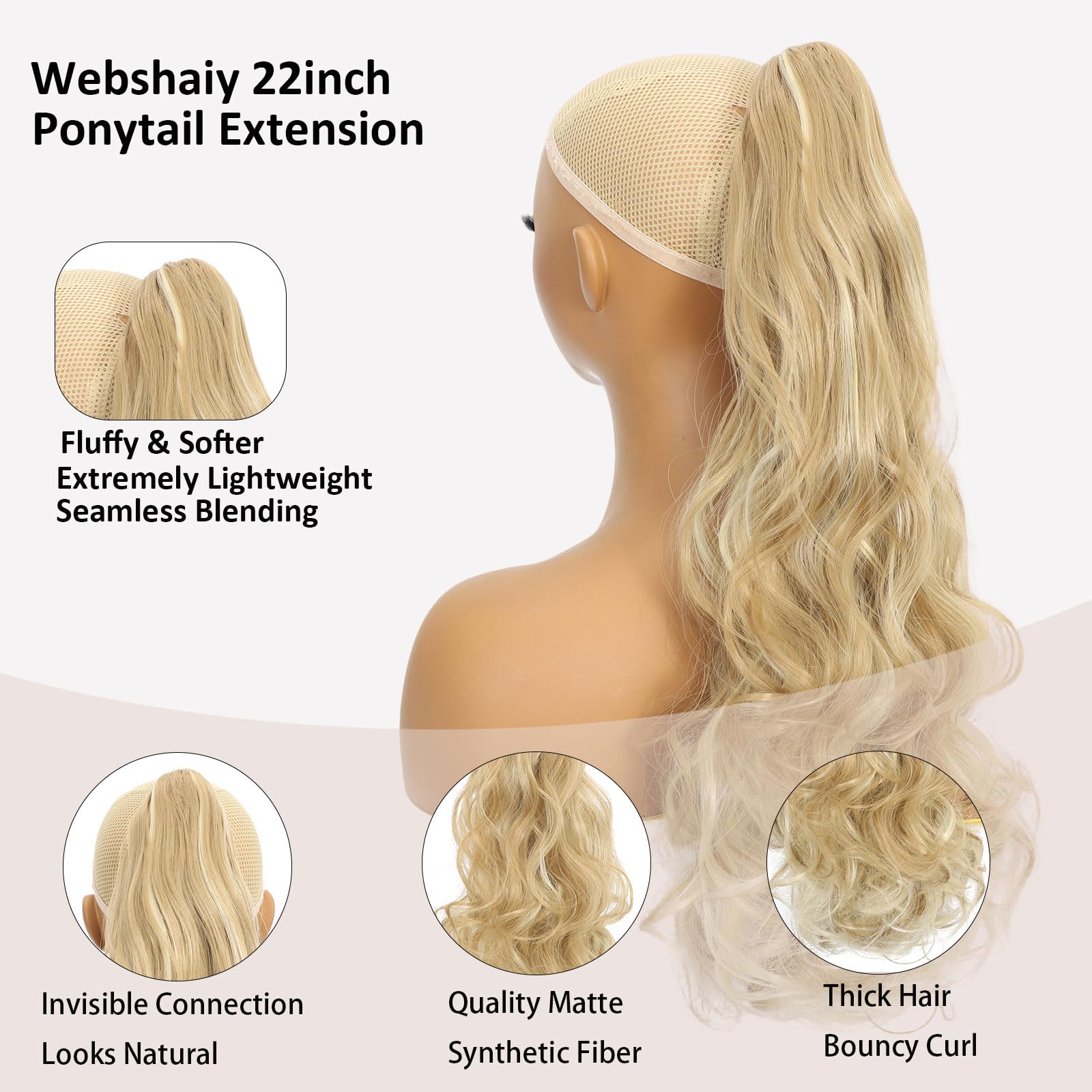 Webshaiy Long Ponytail Extension Claw Clip in Ponytail Hair Extensions Fluffy Loose Wave Synthetic Heat-Resistant Fibers Hair Pieces for Women Daily Use 22 Inch Sandy Blonde & Bleach Blonde - Image 4