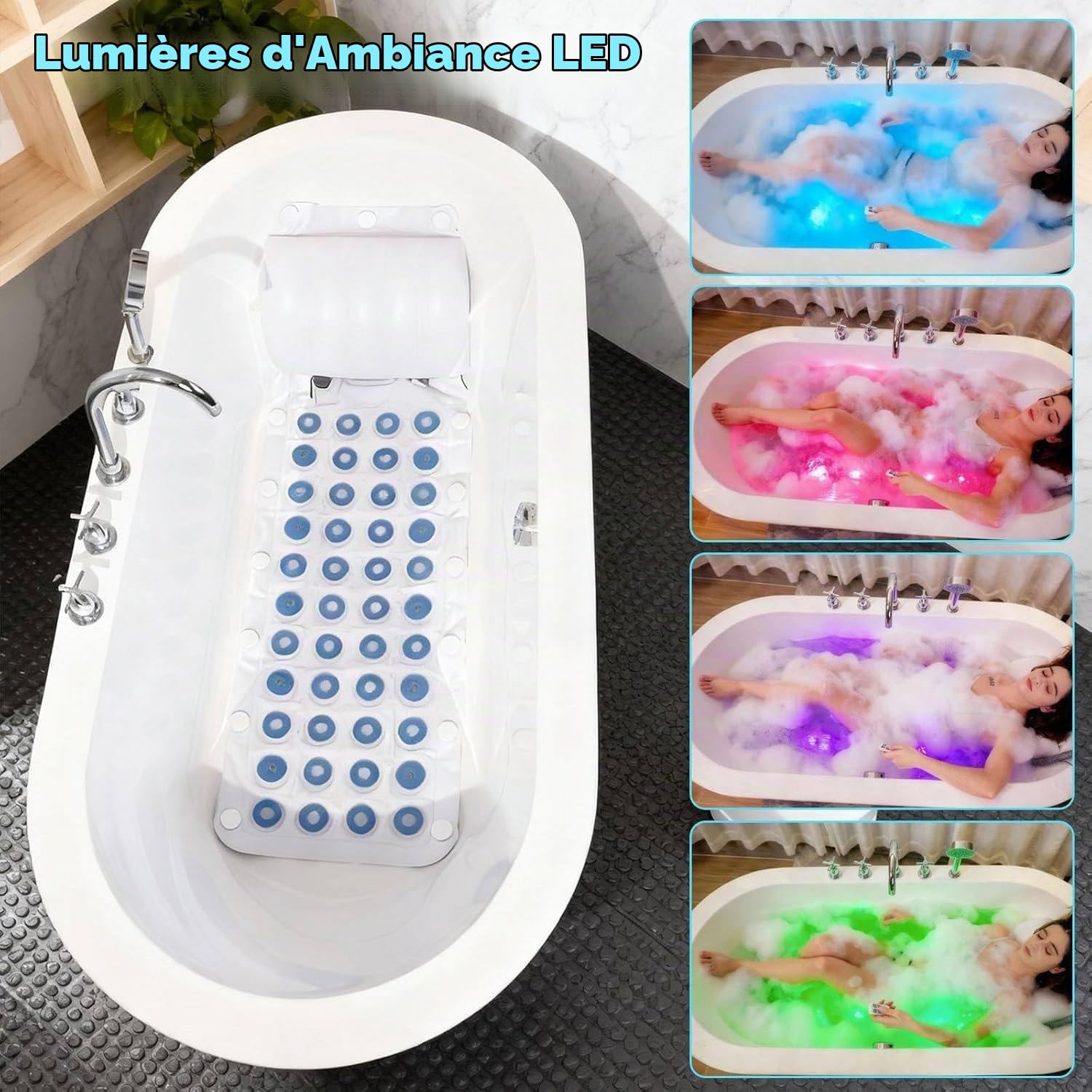 Tapis De Bain à Remous Portable pour Spa, Baignoire à Tapis à Bulles avec 6 Niveaux Réglables Et Télécommande, Pompe à Air Et Lumières LED, Machine à Bulles pour Baignoire