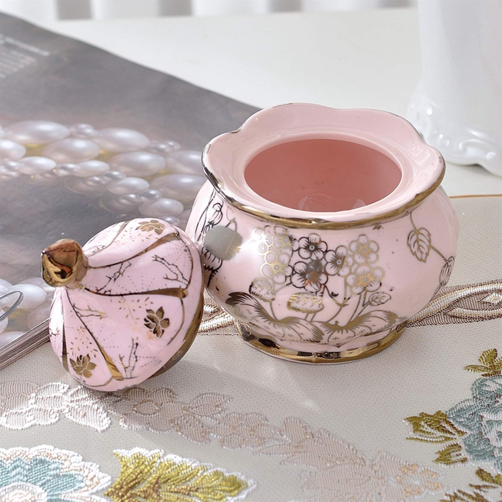 sucrier Bol à Sucre Rose avec Couvercle rétro Café Sugar Bowl Accueil Dining Assaisonnier Pot Creative Céramique Céramique Sucre Bol Rose Plaqué Or Bocal à Bonbons