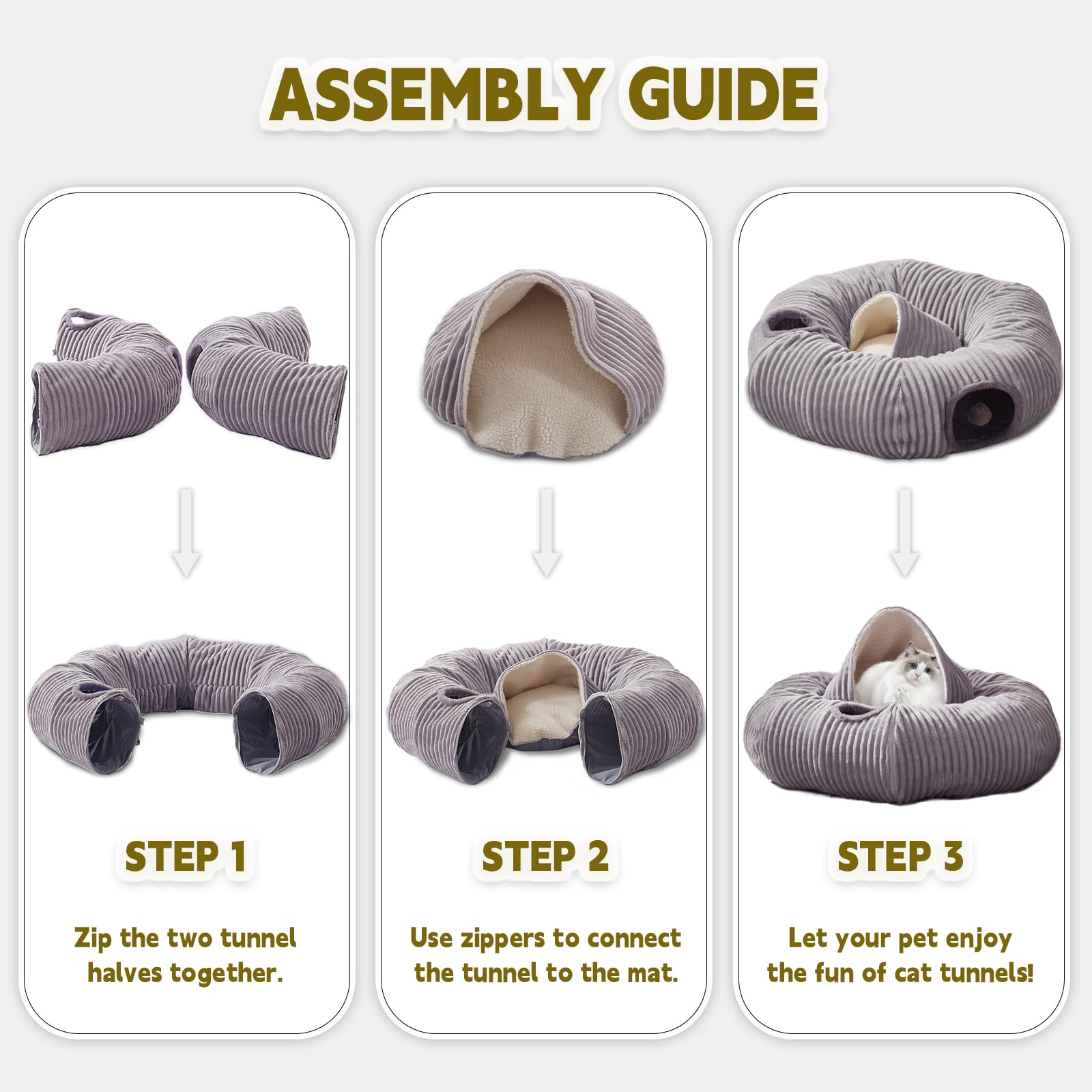 Grand lit tunnel pour chat d'intérieur, jouet tunnel en forme de donut avec coussin circulaire lavable, tente occultante, aire de jeux multifonctionnelle, cachette pour chaton, lapin, furet