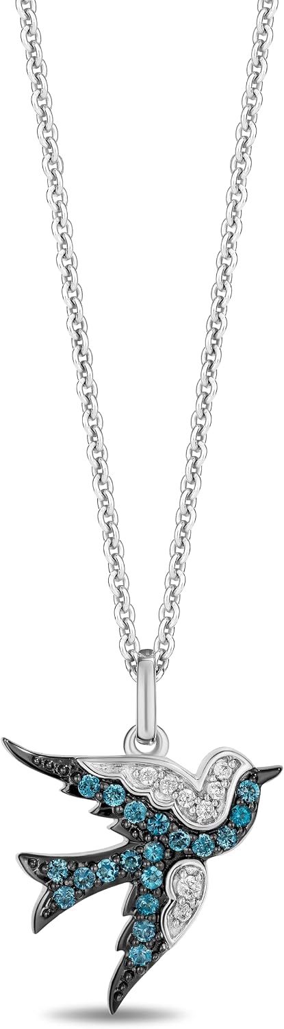Jewelili Enchanted Disney Fine Jewelry Cinderella Bird Pendant Necklace for Women | Sterling Silver | London Blue Topaz & 1/20 CTTW White Diamonds | Princess Jewelry Gifts for Her