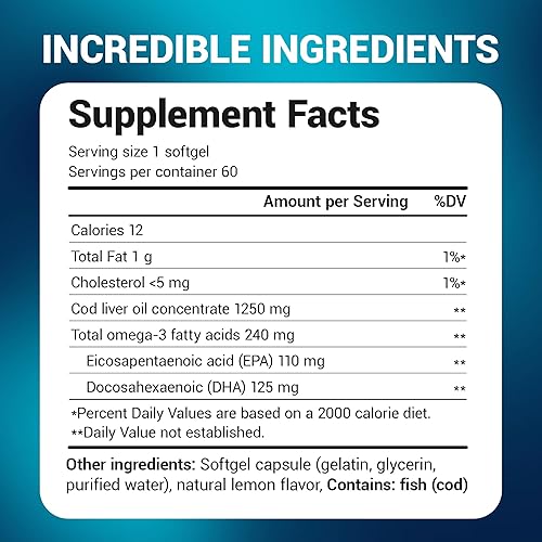 Miniatura 7 de Dr. Berg Aceite de pescado de hígado de bacalao omega-3 de máxima fuerza (1250 mg) de bacalao capturado en la naturaleza - Aceite de pescado omega-3