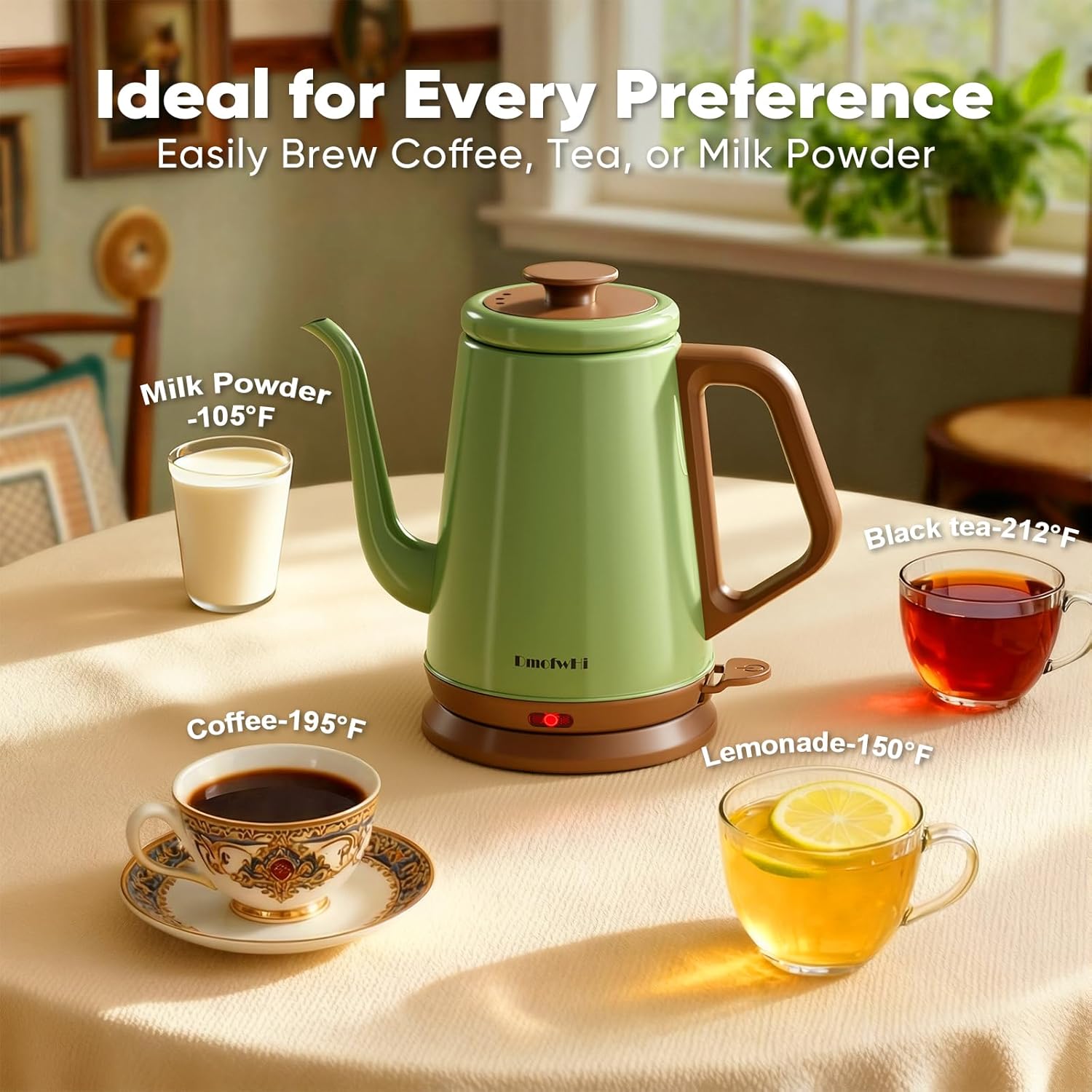 DmofwHi Gooseneck Electric Kettle(1.0L), 100% Stainless Steel BPA Free Classic Pour Over Coffee Kettle | Tea Kettle - Green