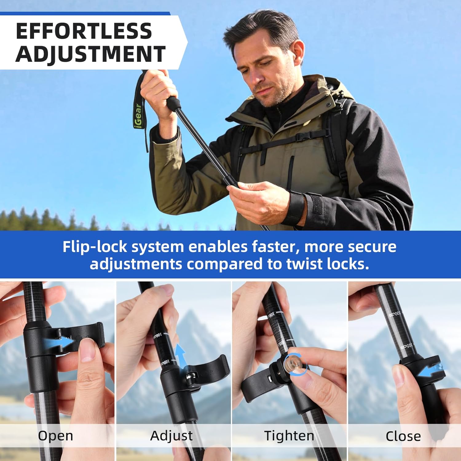 aiGear Carbon Fiber Trekking Poles, Ultra Strong Lightweight Collapsible Hiking Poles with Cork Grips Quick Flip Locks & All-Terrain Accessories for Men & Women Backpacking Camping