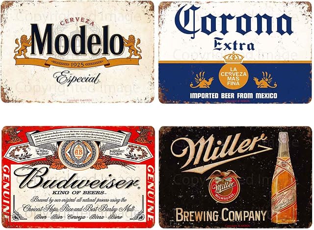 Vintage Beer Brand Tin Sign Retro Metal Beer Sign Home Decorative Bar Club Man Cave Wall Decor 4pcs 12x8 Inches