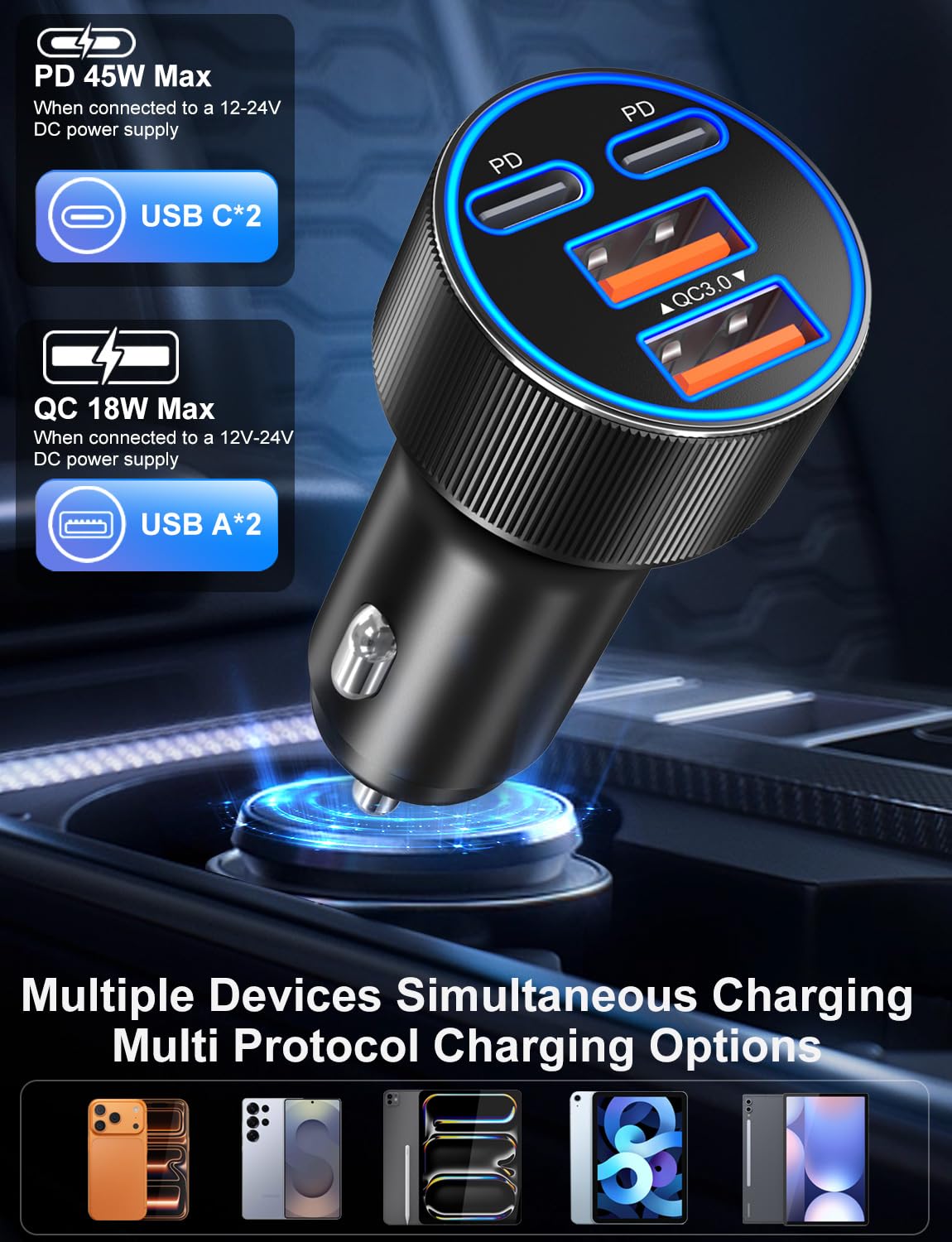 Ładowarka samochodowa USB C, ulepszona ładowarka samochodowa 90 W, 4-portowa, podwójna 12 V, USB-C i USB-A, wieloportowa ładowarka do telefonu QC 3.0/PD45W, super szybkie ładowanie, adapter do