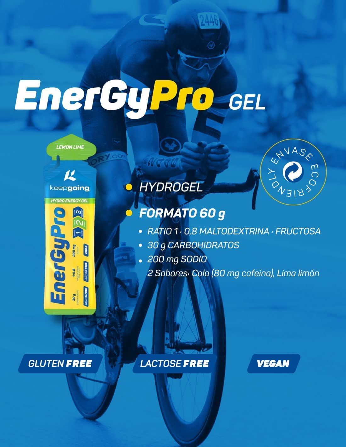Keepgoing Gel Energético EnergyPro | Geles Energéticos Ciclismo | Geles Energéticos Running | Gel Energético con Cafeína | Energy Gel (Limón, 12 unidades)