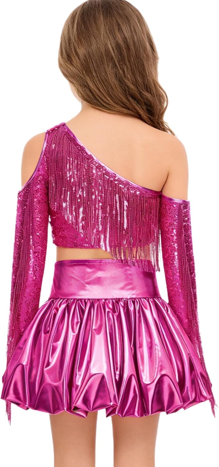 ranrann Girl's 2 Piece Dance Outfits Jazz Hip Hop Performance Dance Top and Metallic Bubble Skirts Set Hot Pink 14 Years