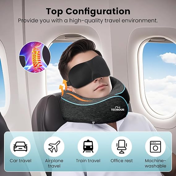 Travel Pillow for Adults,Memory Foam Airplane Pillow with 360 Neck Support, Includes Storage Bag, Eye Mask, Ear Plugs, Adjustable Travel Pillow for Long Flights,Train,Car & Business Trips(Dark Grey)