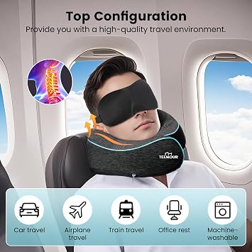 Travel Pillow for Adults,Memory Foam Airplane Pillow with 360 Neck Support, Includes Storage Bag, Eye Mask, Ear Plugs, Adjustable Travel Pillow for Long Flights,Train,Car & Business Trips(Dark Grey)