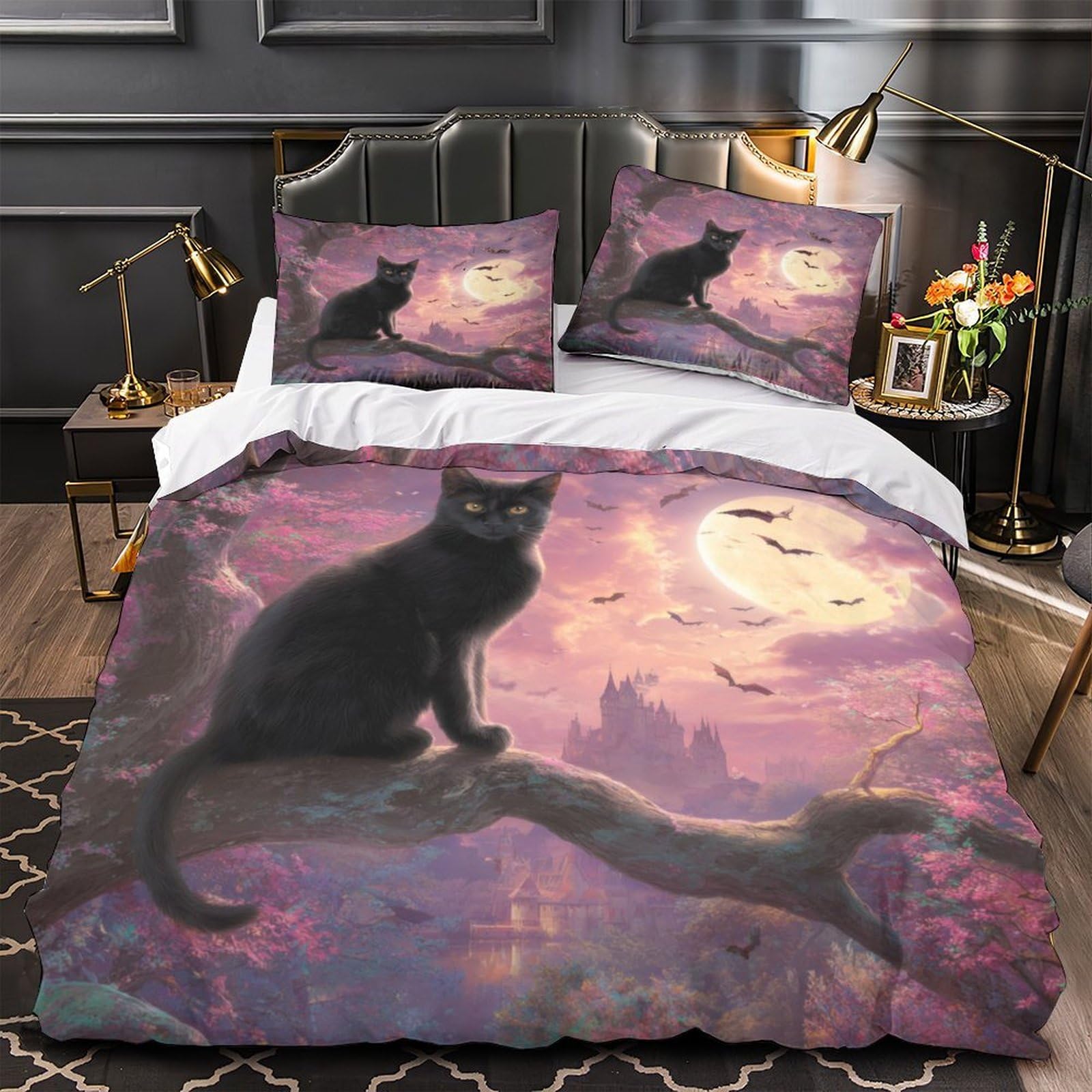 Parure de lit chat noir 3D housse de couette microfibre 200x200cm ultra douce