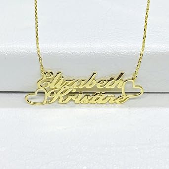 14K Real Solid Gold Personalized Two Names Necklace for Women, Double Names Pendant, Nameplate Jewellery