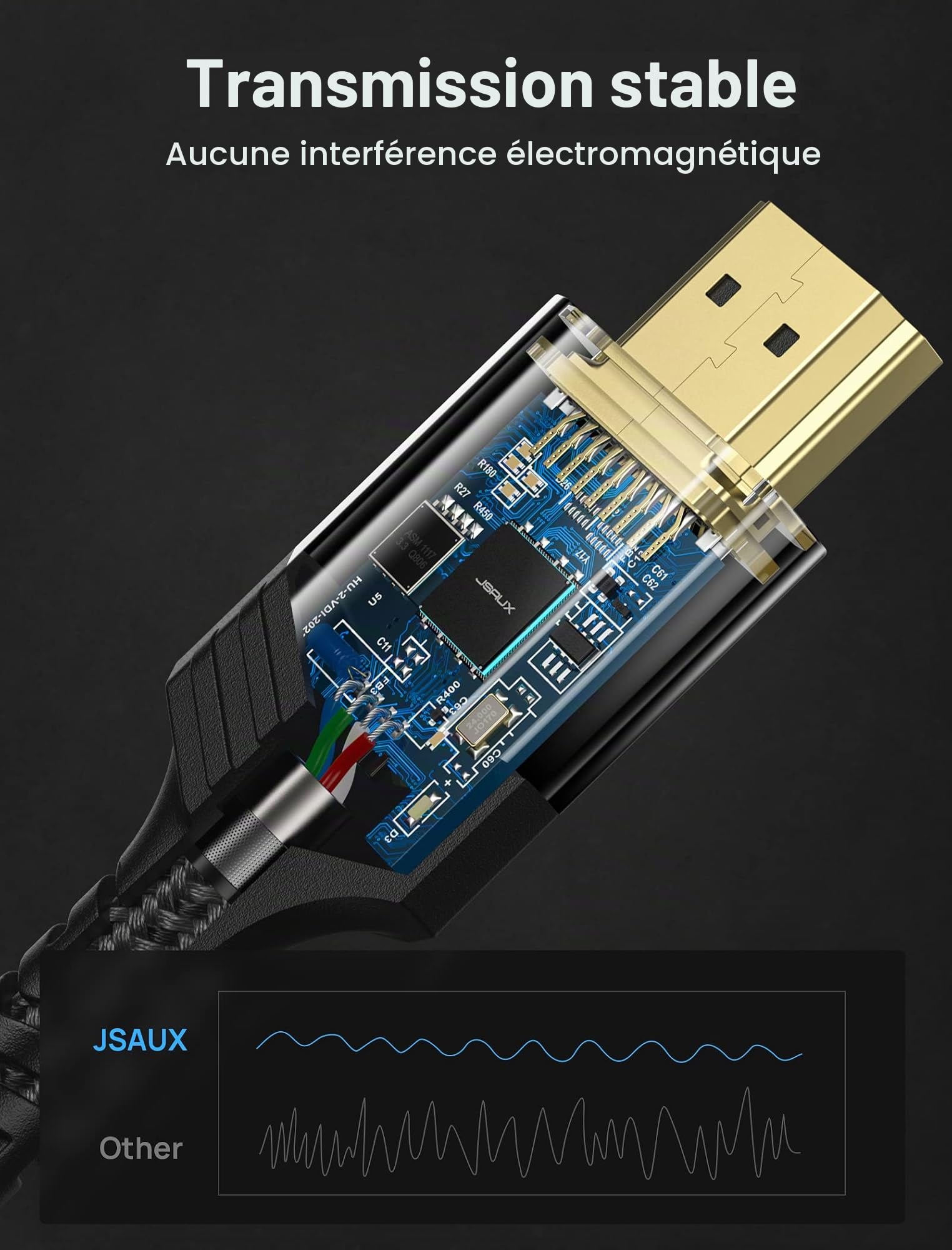 JSAUX Câble HDMI 10 m, long câble HDMI 2.1 fibre optique 8 K haute vitesse 48 Gbps 8 K @ 60 Hz, 4K @ 120 Hz, UHD HDR 10+, eARC, Dolby Vision, 3D, VRR, compatible avec PS4, PS5, 8 K Gaming