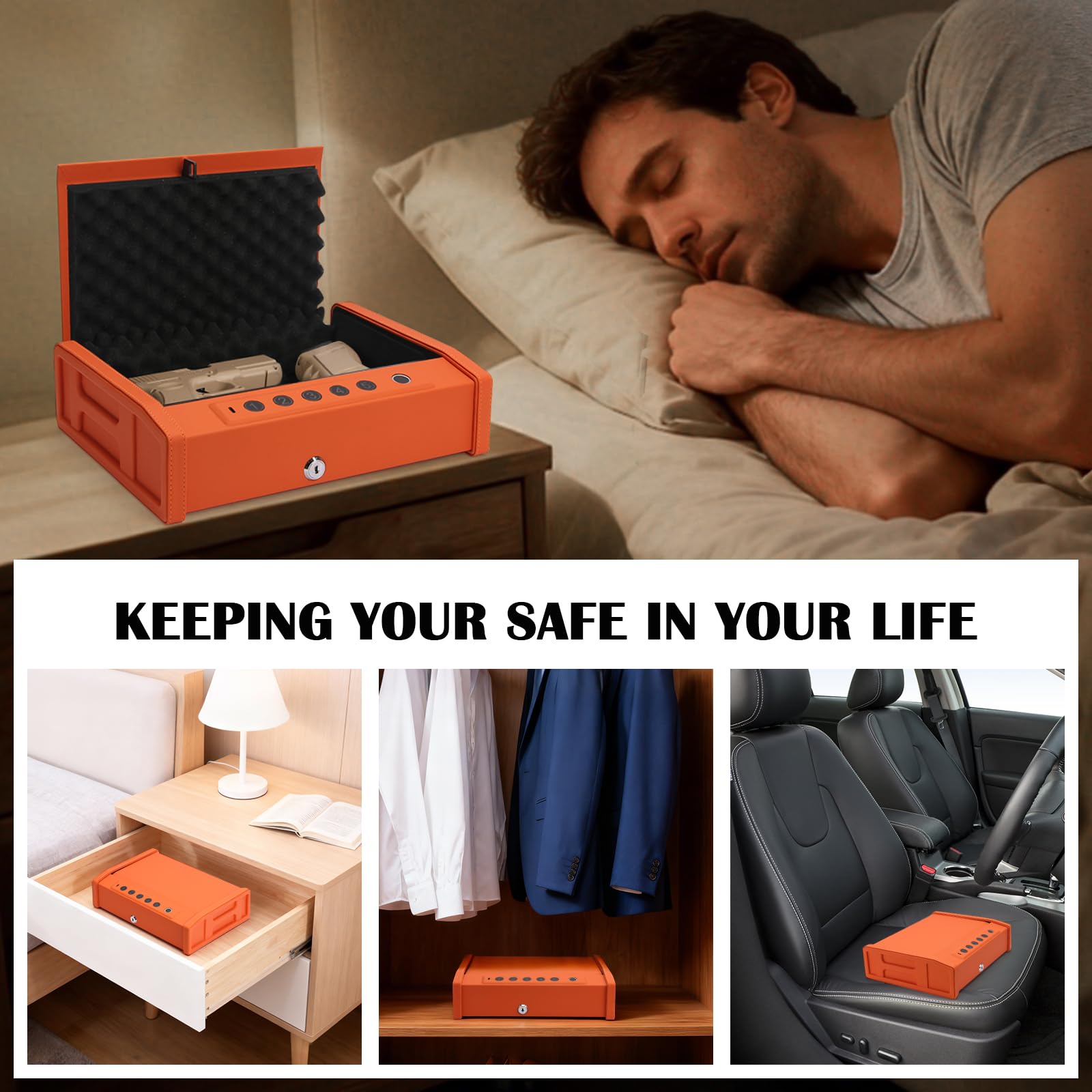 Smart Biometric Gun Safe, Acciaio al Carbonio, Arancione, Scanner di Impronte Digitali con App Control, Tastiera Digitale, Portatile con Maniglia, 15.5x11.4x4.7 Pollici, per Casa e Auto