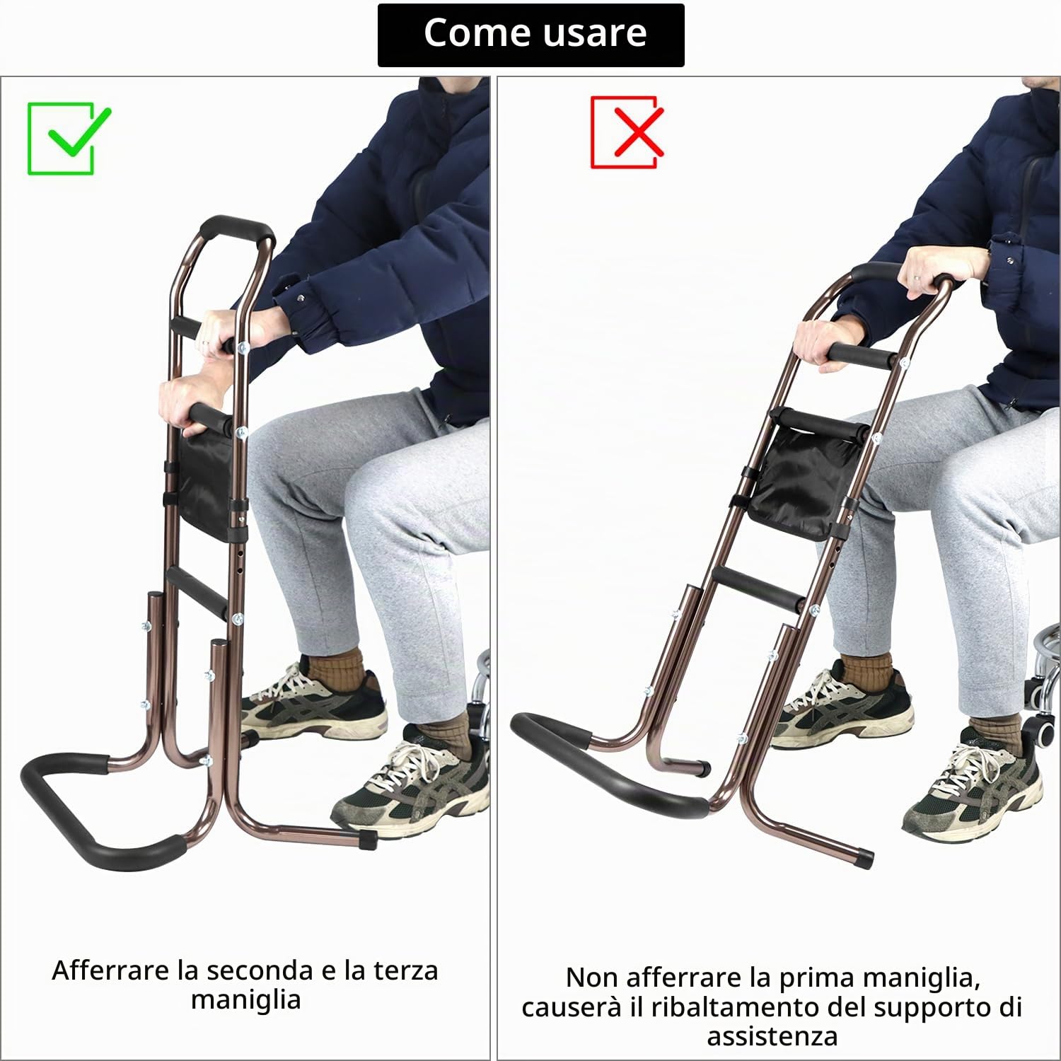QWORK® Ausilio per posizione eretta, aiuto per stare in piedi regolabile con borsa portaoggetti, per mobilità e vita quotidiana