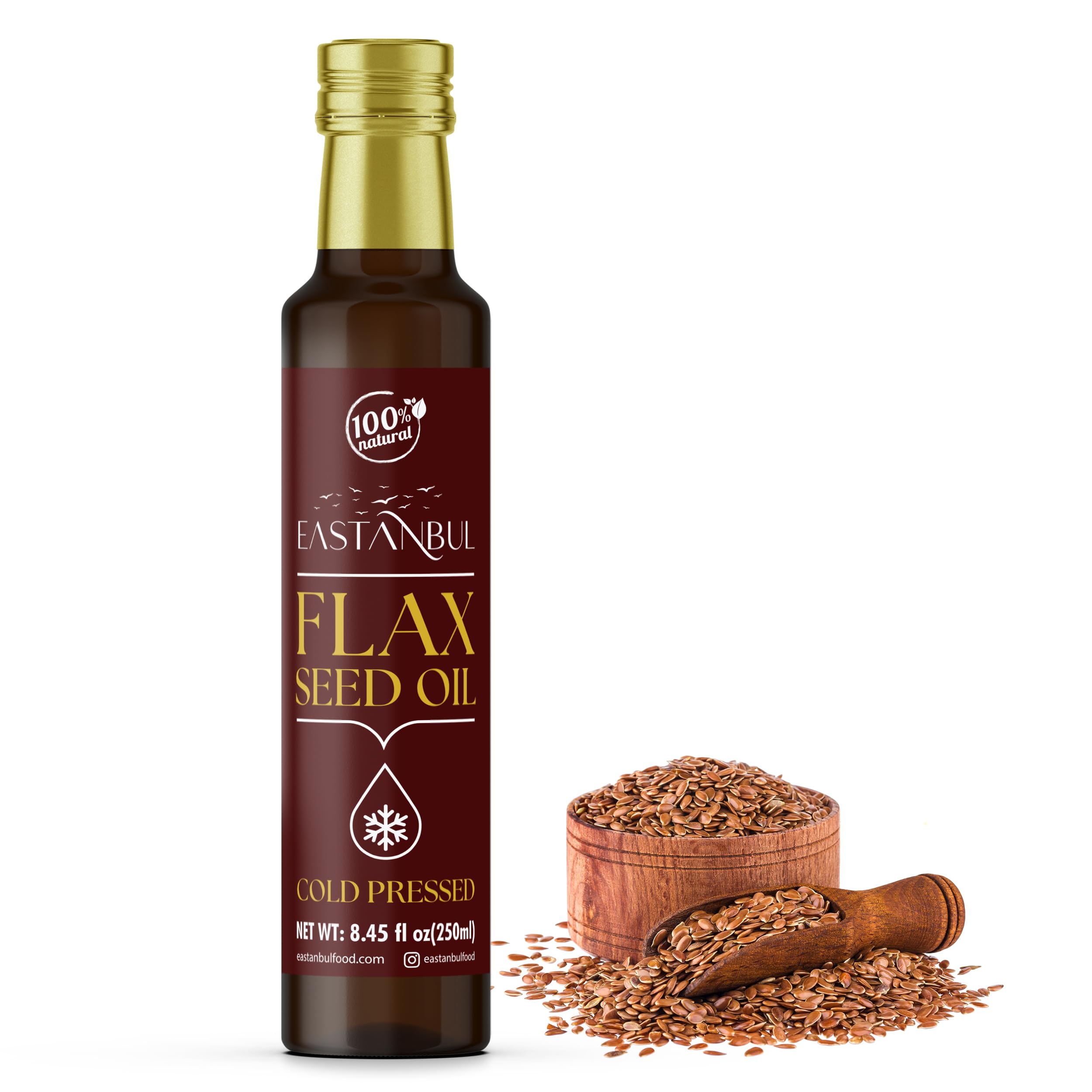 Eastanbul Cold Pressed Flax Seed Oil, 8.45 Fl Oz, Premium Flaxseed Oil Liquid, AKA Aceite De Lino, Perfect For Cooking, Hair, Omega 3, 100% Natural, Vegan, Cookware Seasoning, Non GMO