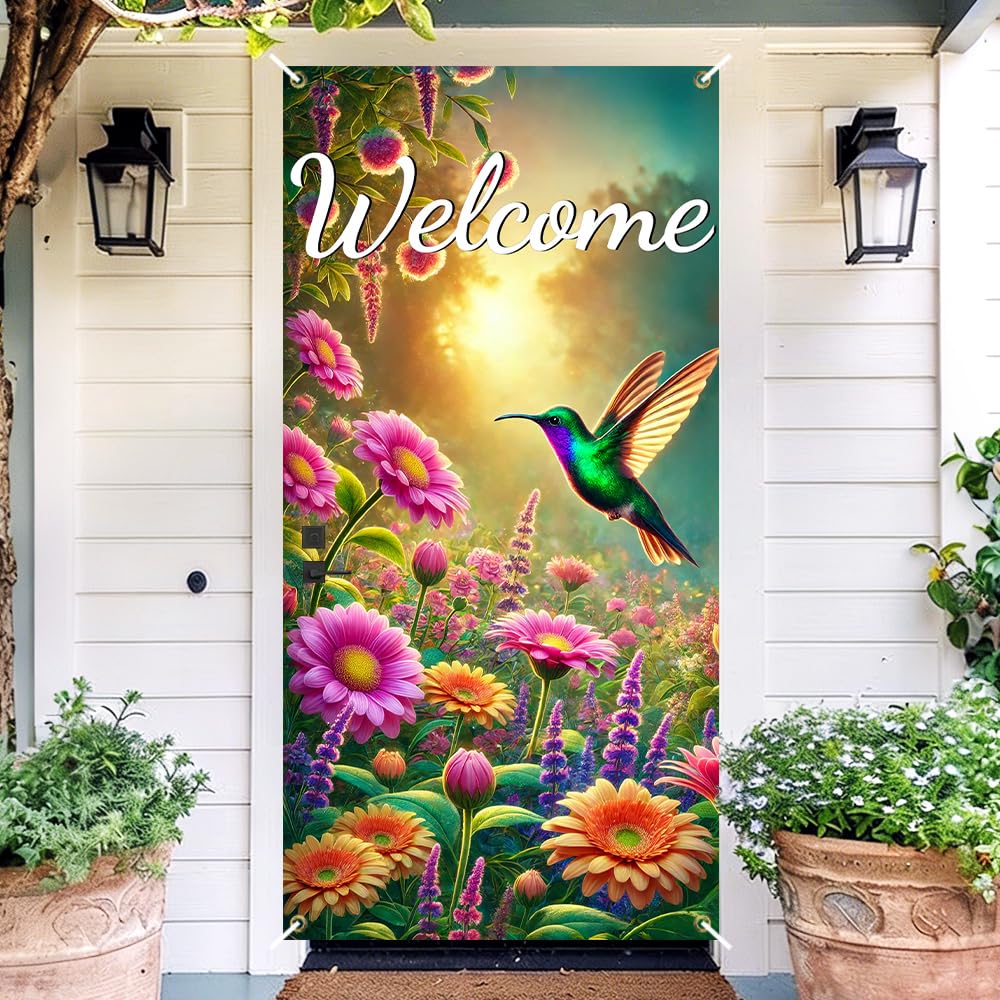 Welcome Hummingbird Door Cover 35x71in Floral Garden