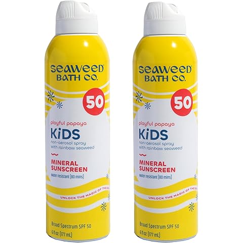 Seaweed Bath Co. Kid's Mineral SPF 50 Broad Spectrum Sunscreen Spray, 6 Ounce (Pack of 2), Papaya Scented, Water Resistant, Tear Free, Sensitive Formula, with Zinc Oxide, Rainbow Seaweed, Watermelon