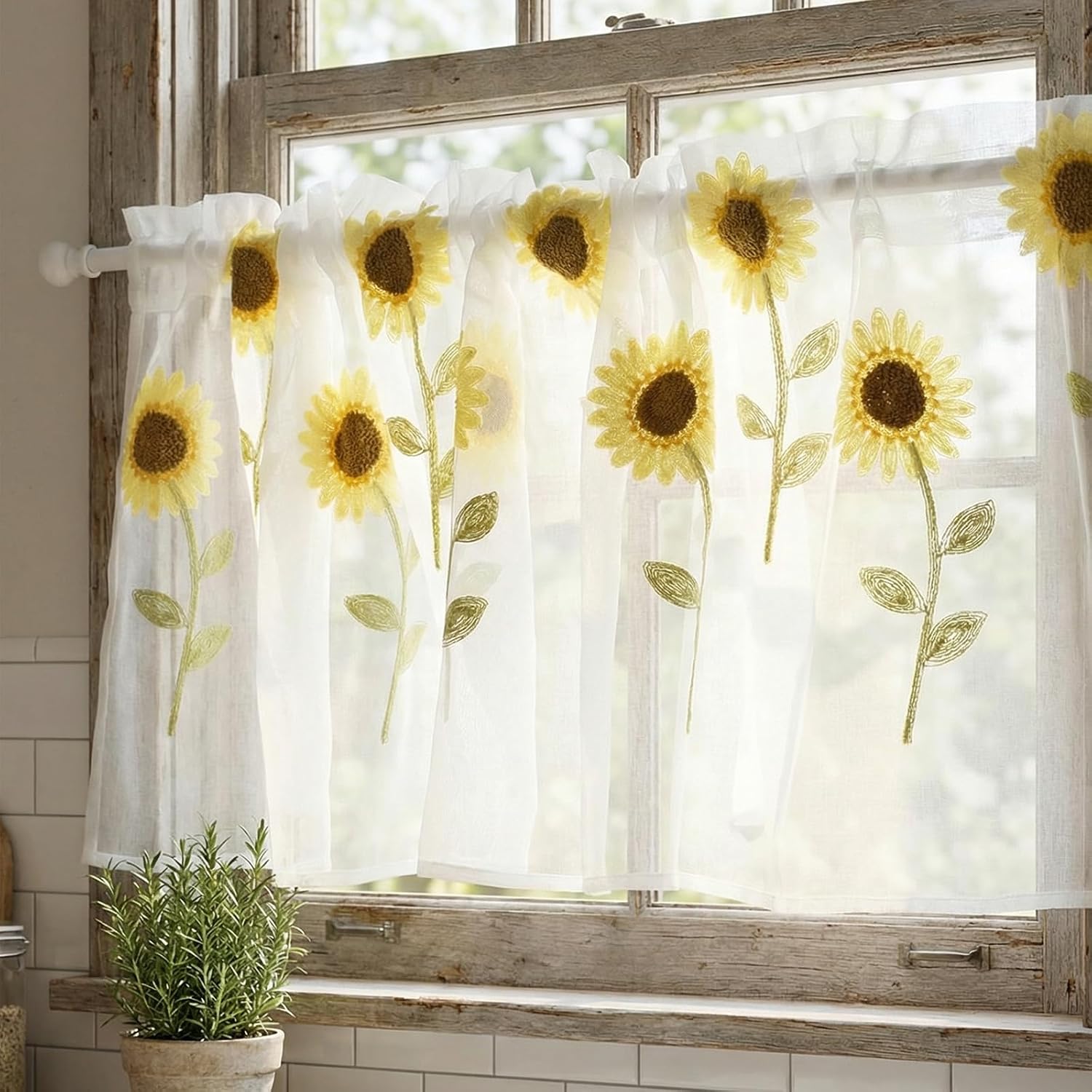 Molaxhome Sheer Curtains with Sunflower Embroidery Lace Valance for Windows