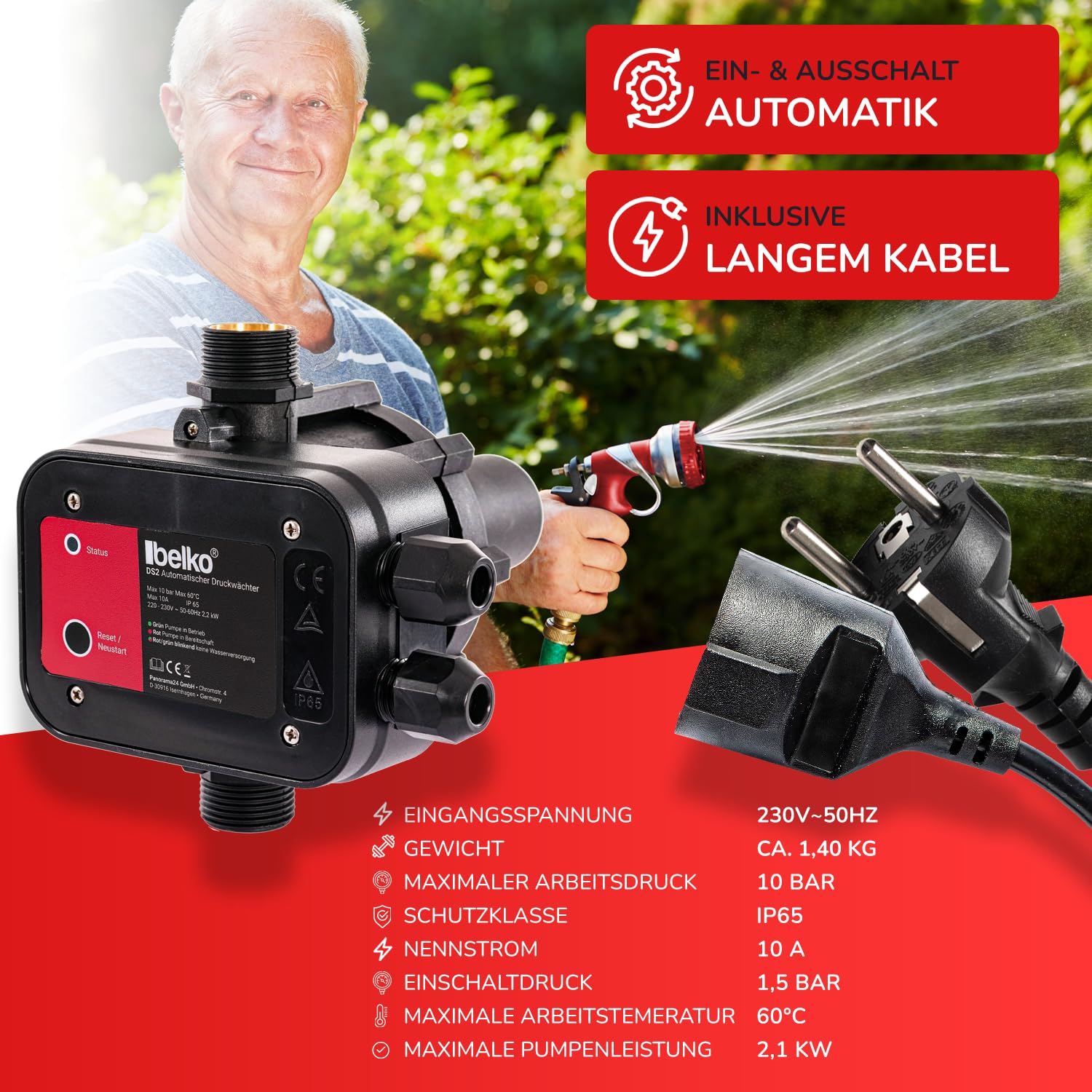 Belko Druckwächter Druckschalter für Wasserpumpen BIS 2,2 kW, mit Kabel bis 10 Bar, Gartenbewässerung elektronische Pumpensteuerung Hauswasserwerk Trockenlaufschutz