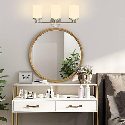 Miniatura 3 de Lámparas de baño de níquel cepillado, luces de tocador de níquel de 3 luces, luces de baño sobre espejo, apliques de pared modernos con pantallas de