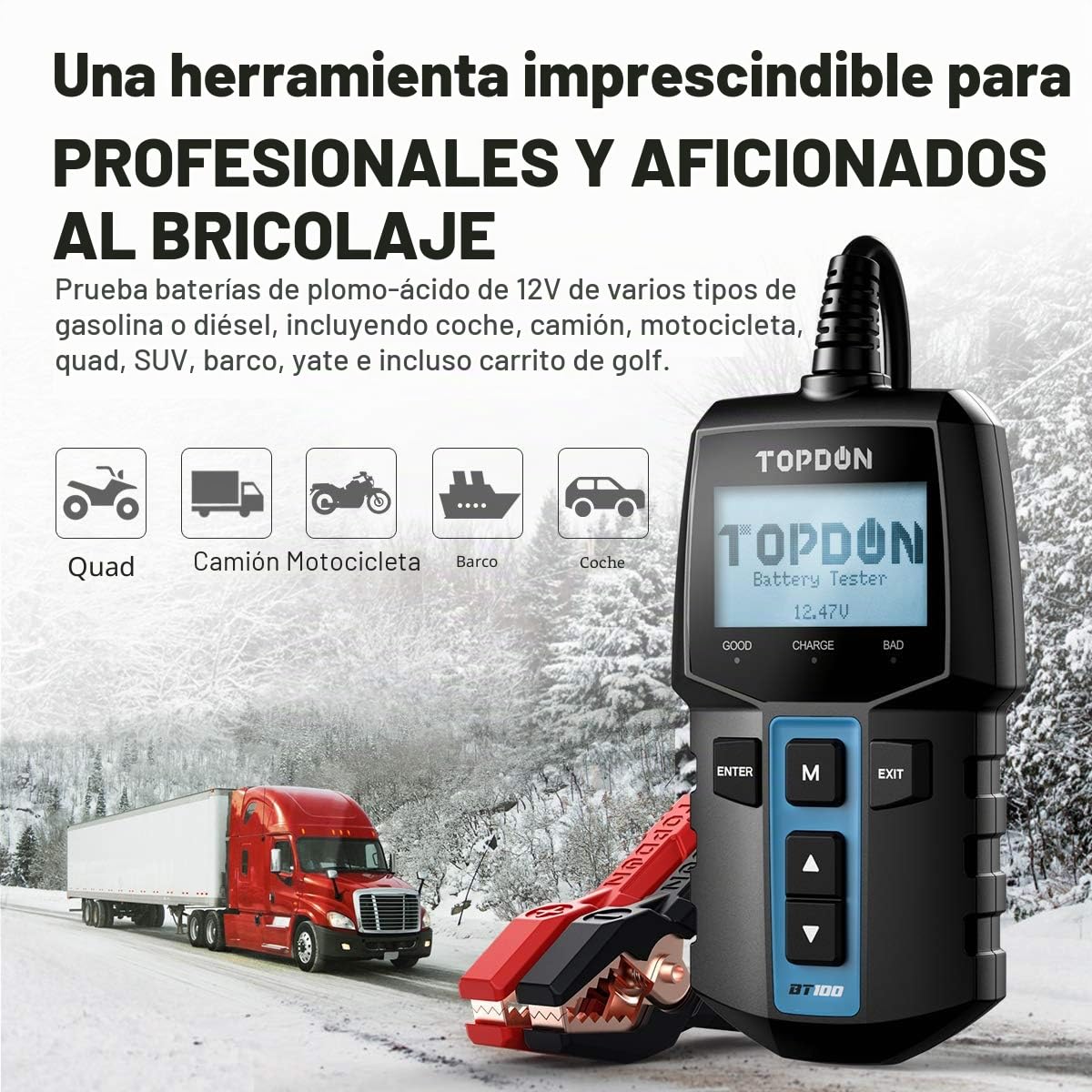 TOPDON BT100 Comprobador de Baterias de Coche 12V, 100-2000 CCA Probador de Batería Auto para Arranque y Sistema de Carga, Analizador de Batería Digital para Coche, Camión, Moto, ATV, SUV, Barco,Yate