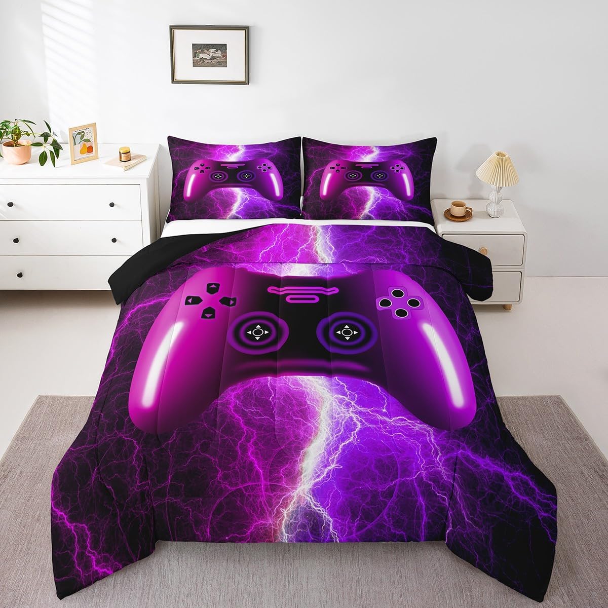 Erosebridal Gamer Comforter Sets for Boys Queen Size Black and White Gaming Bedding Set,Kids Video Game Console Bed Comforter Set Modern Lightning Quilt Bed Set Bedroom Decor with 2 Pillowcases