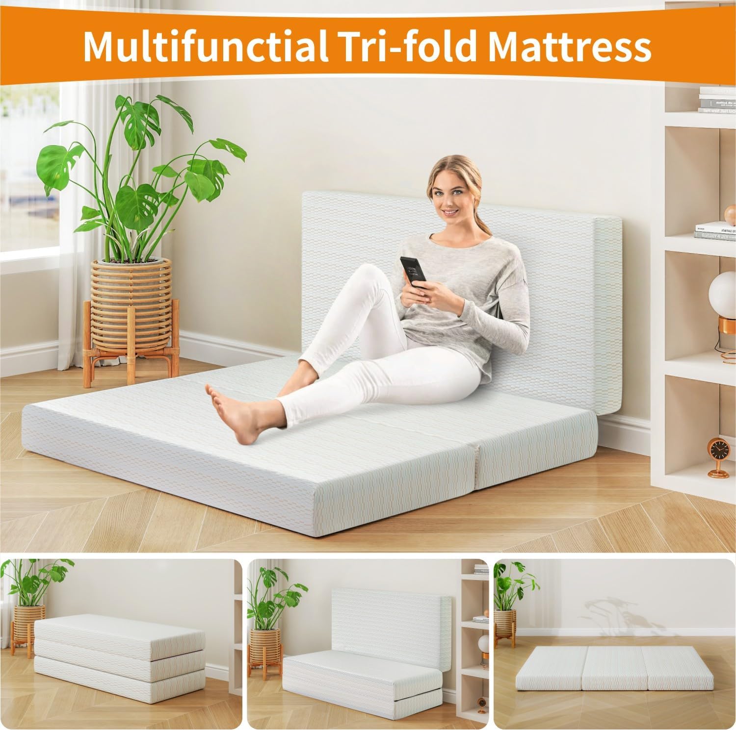 Vipbear 6 Inch Tri-fold Mattress King Size, Spacious Folding Memory Foam Bed with Washable Cover & Storage Bag, Portable Floor Lounger for Guests, Families & RV