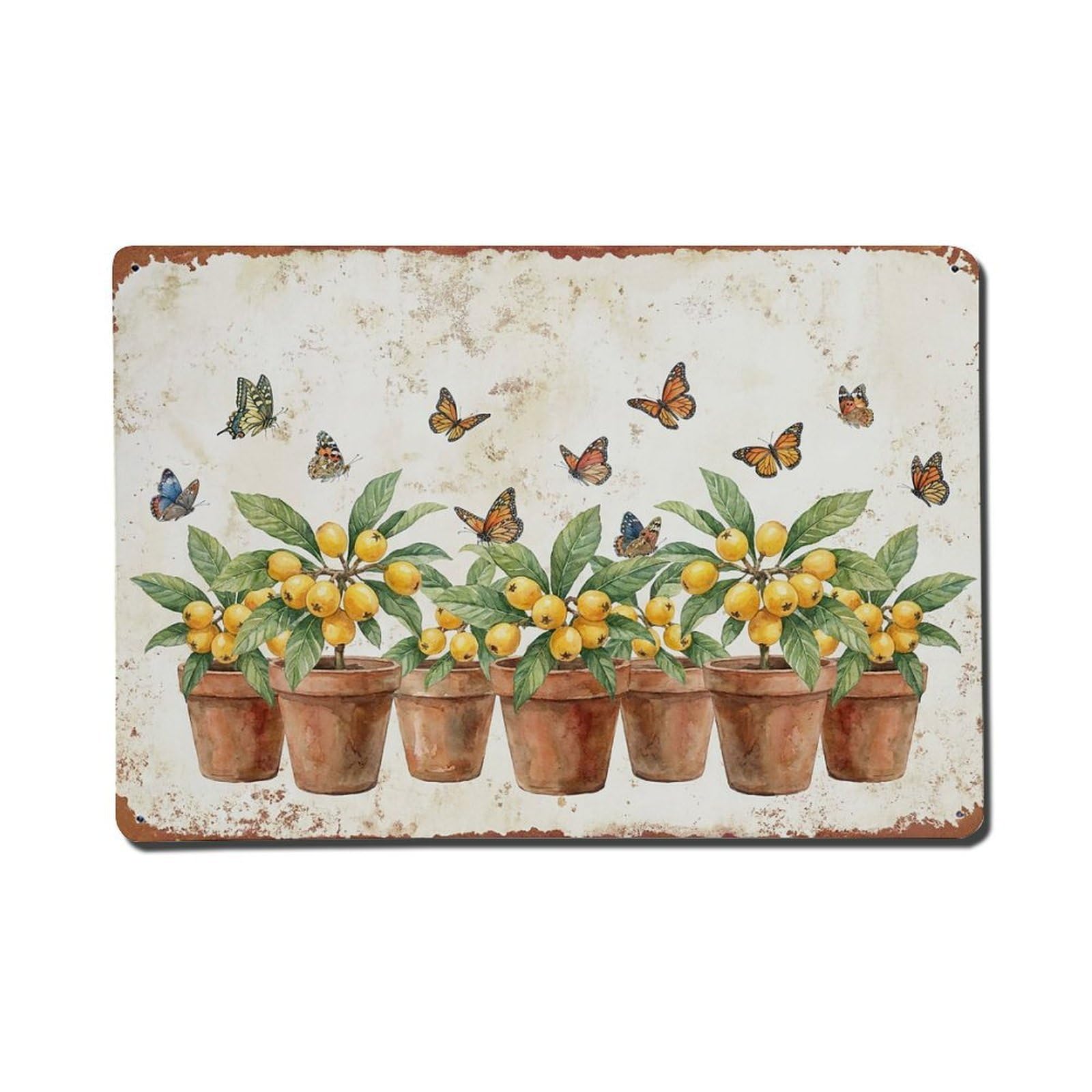 Vintage Rustic Flower Potted Plants Loquat Metal Tin Sign