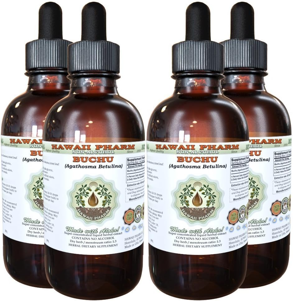 Hawaii Pharm Buchu Alcohol-Free Liquid Extract, Buchu Liquid (Agathosma Betulina) Dried Leaf Glycerite Natural Herbal Supplement 4x4 oz