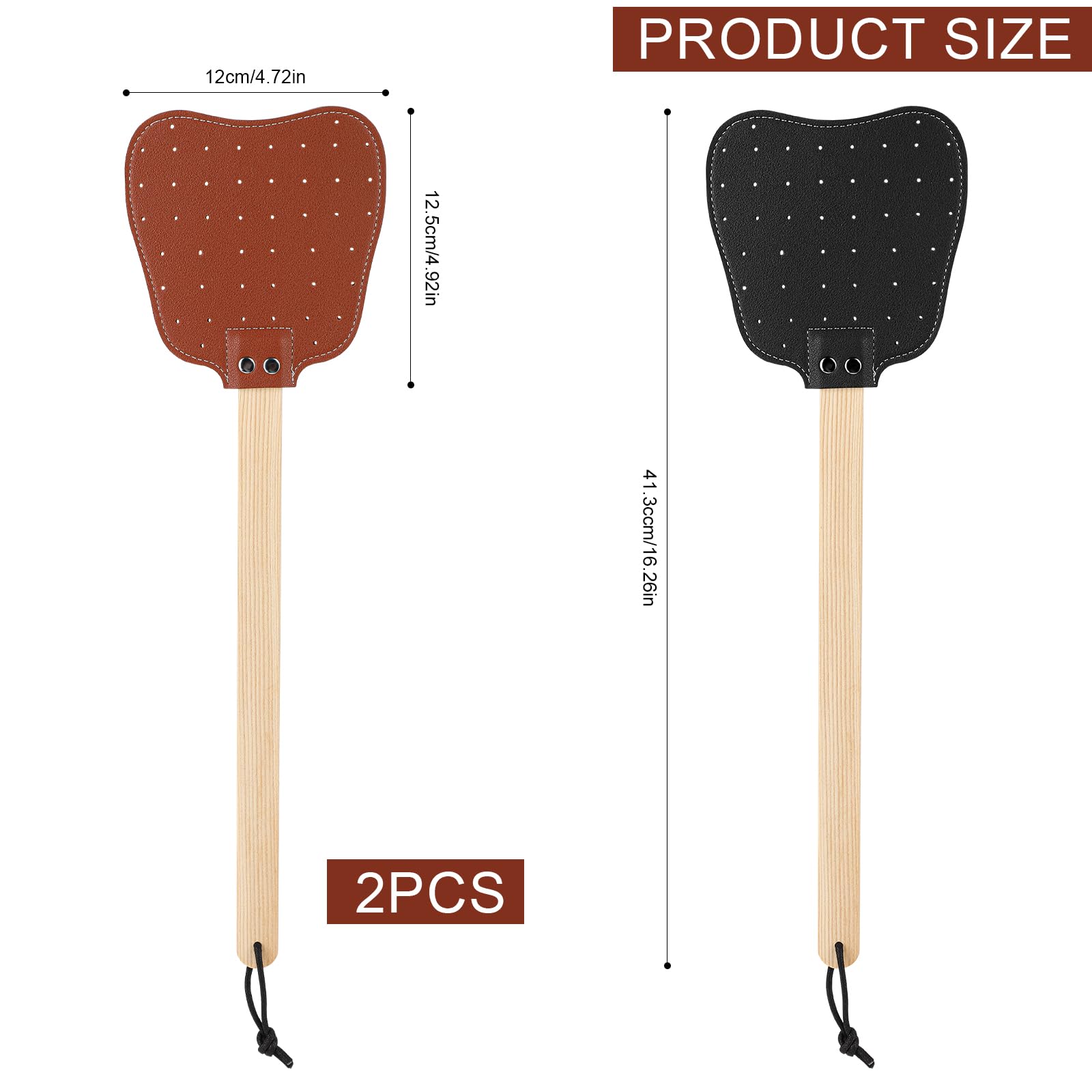 2pz Scacciamosche in Pelle, Scacciamosche Manuale Manico Lungo Legno con Corda Appesa Scacciamosche Pelle Resistente e Pratica Interni per Mosche Zanzare Api(Nero, Marrone)
