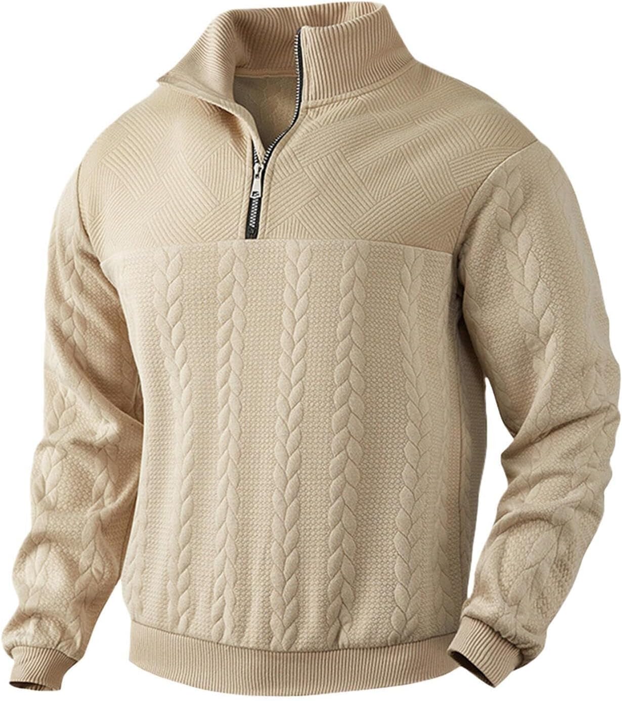 Mens Quilted Quarter Zip Sweater Stand Collar Long Sleeve Polo Shirts Loose Casual Mock Neck Pullover Sweatshirt